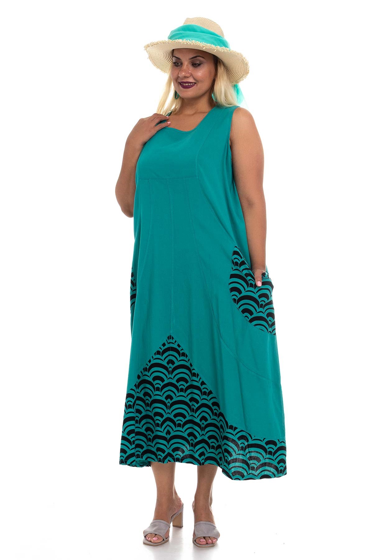 7009 EtekUcu Ve Cepleri Desenli Kolsuz Pamuk Elbise