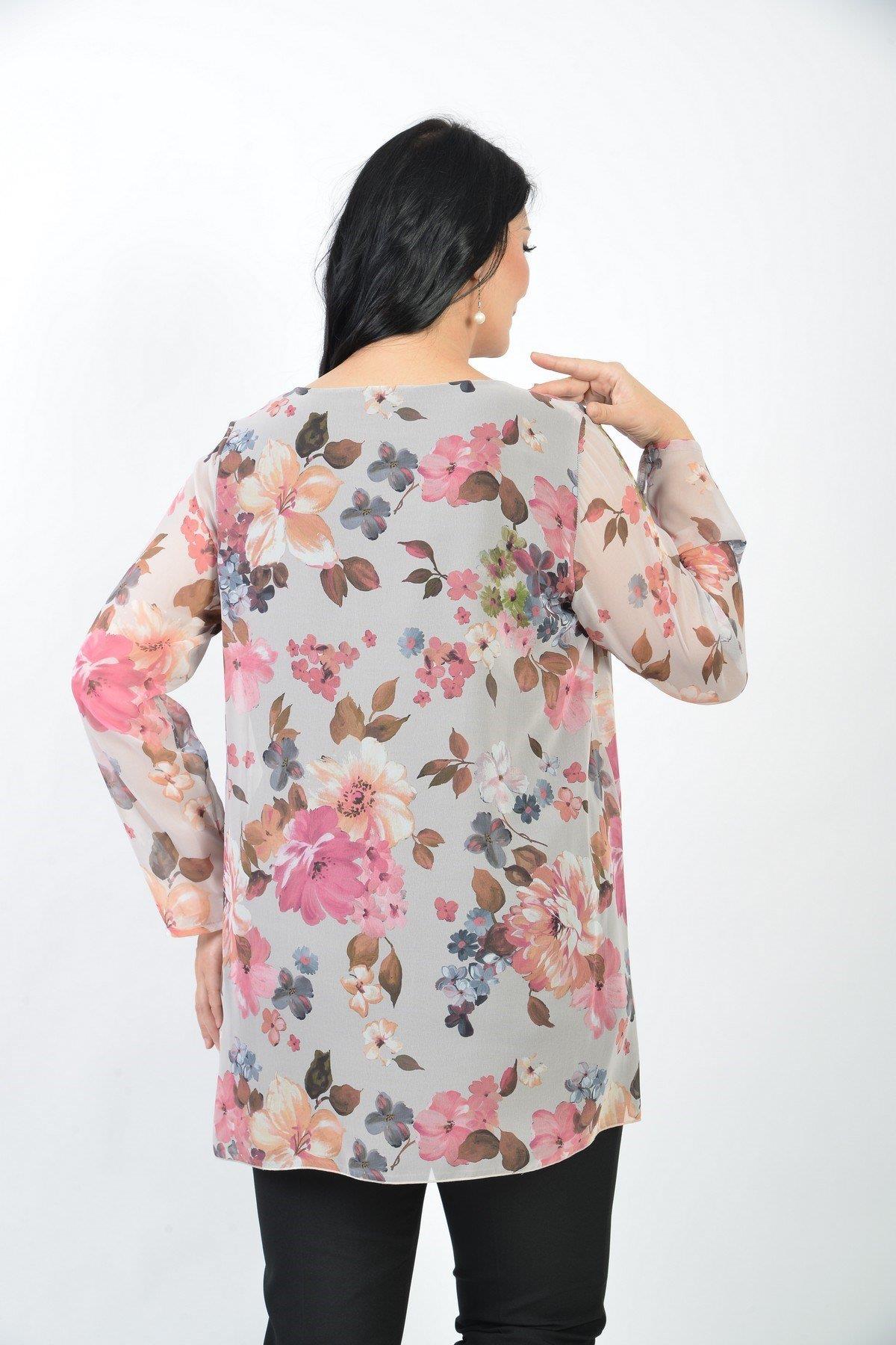 701 Büyük Beden Çiçek Desen Önü Ceket Görünümlü Şifon Bluz