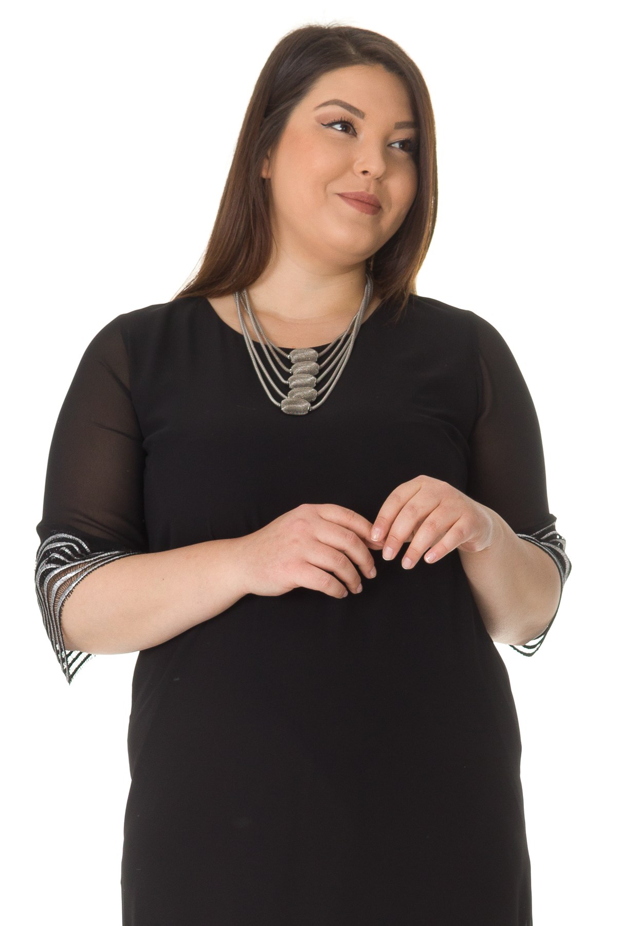 7012 ETEĞİ KOLU YALDIZLI KISA ELBİSE