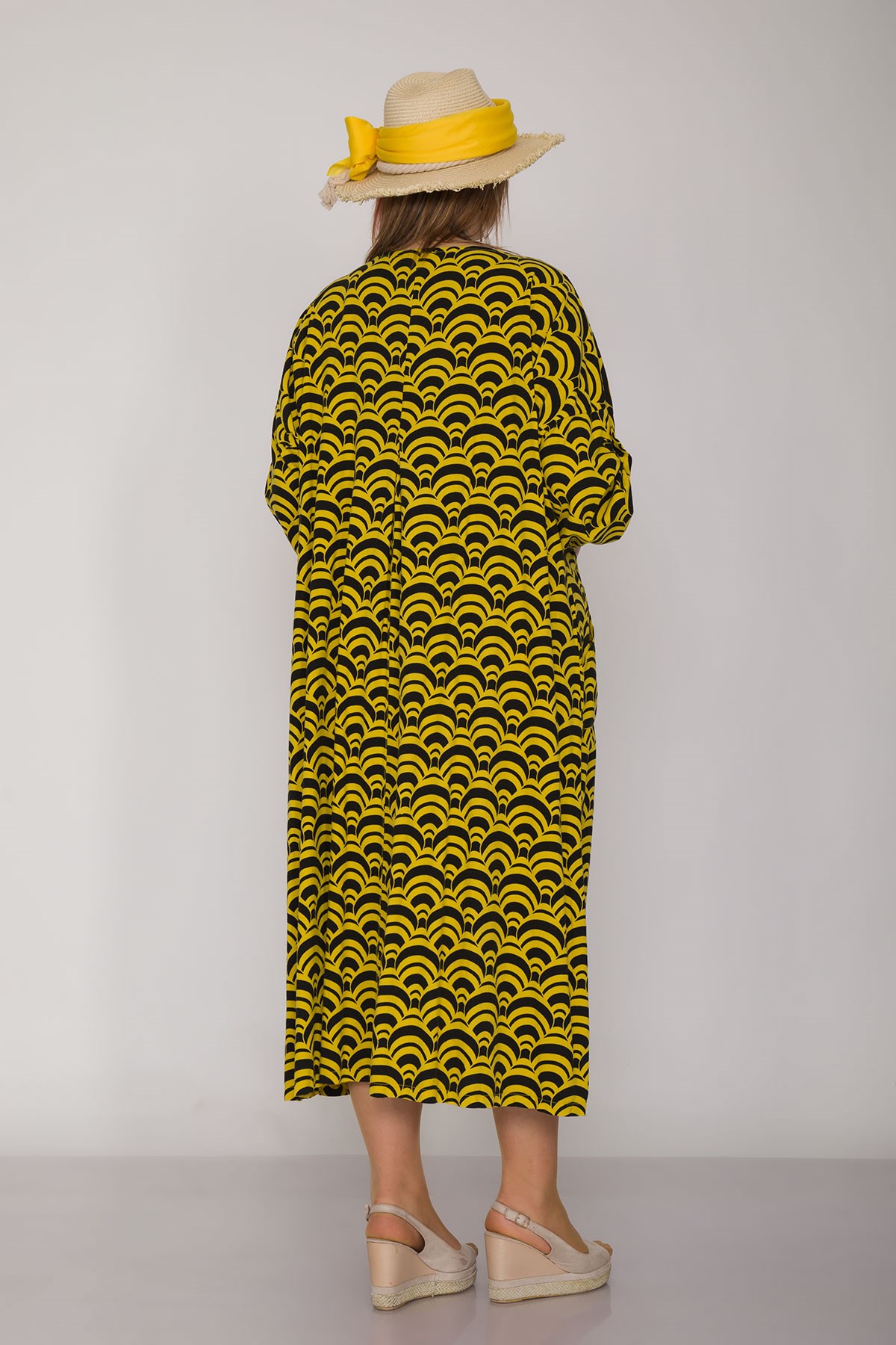 7013-1 V Yaka Cepli Desenli Pamuk Elbise