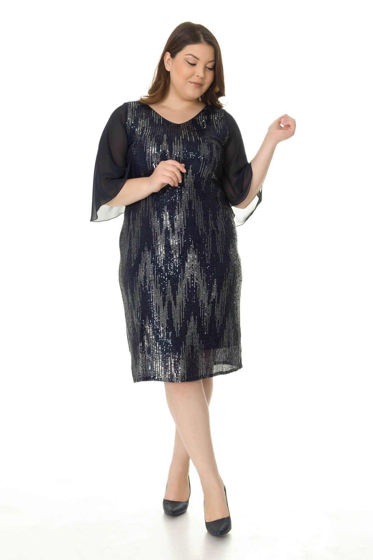 7019 BB Tül Kol Pulpayet Kısa Elbise