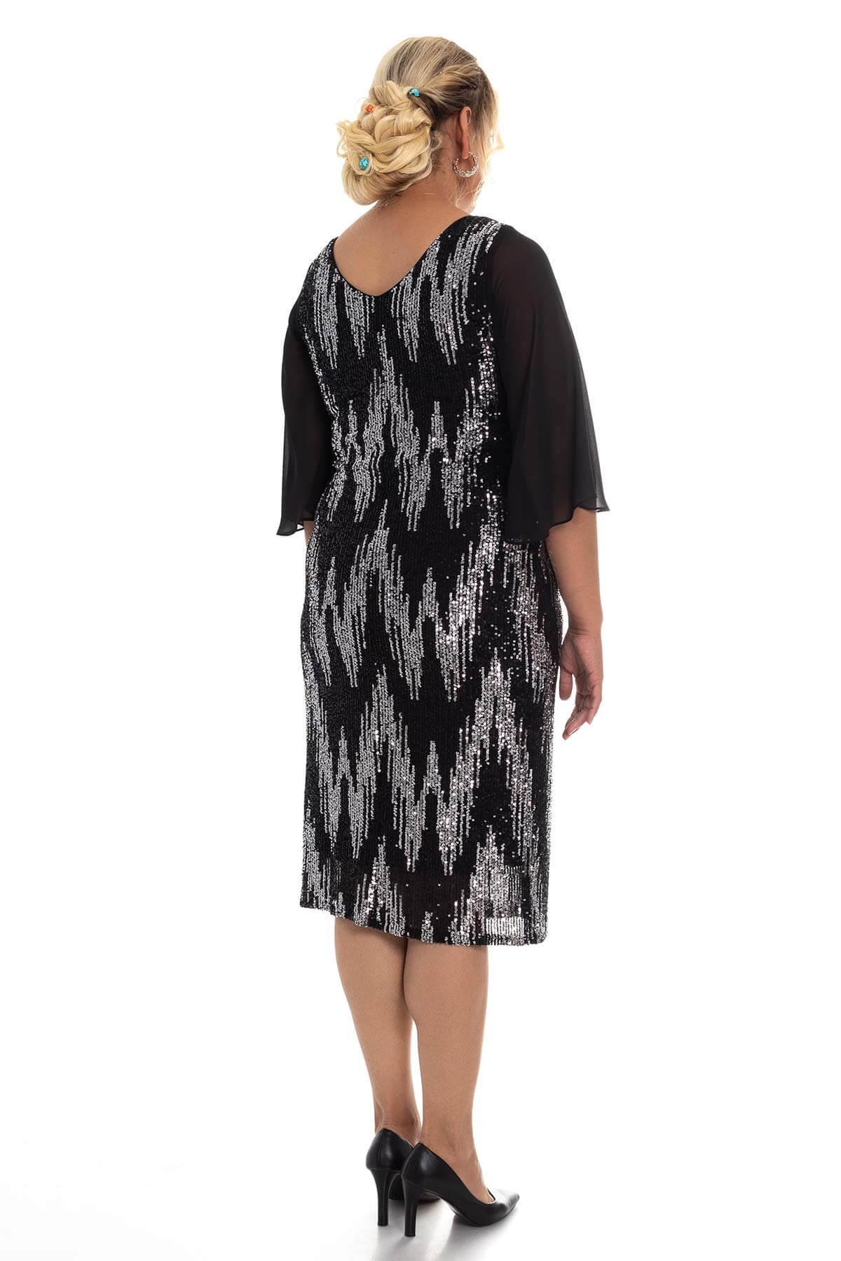 7019 BB Tül Kol Pulpayet Kısa Elbise