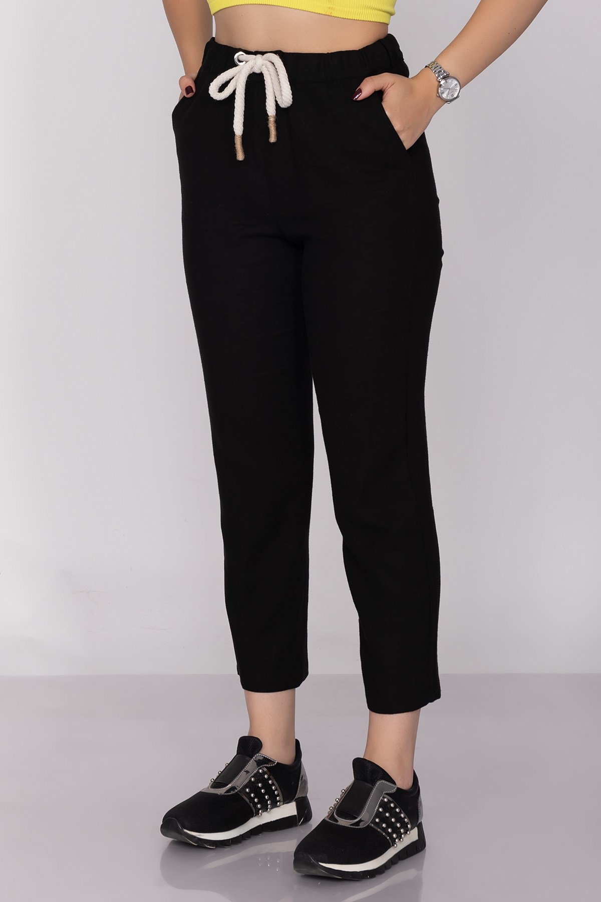 70252 Beli İpli Cepli Salaş Keten Pantolon