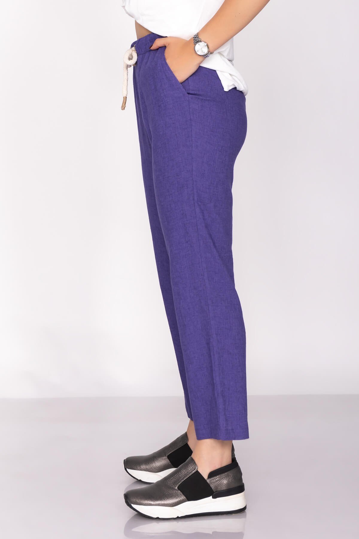 70252 Beli İpli Cepli Salaş Keten Pantolon