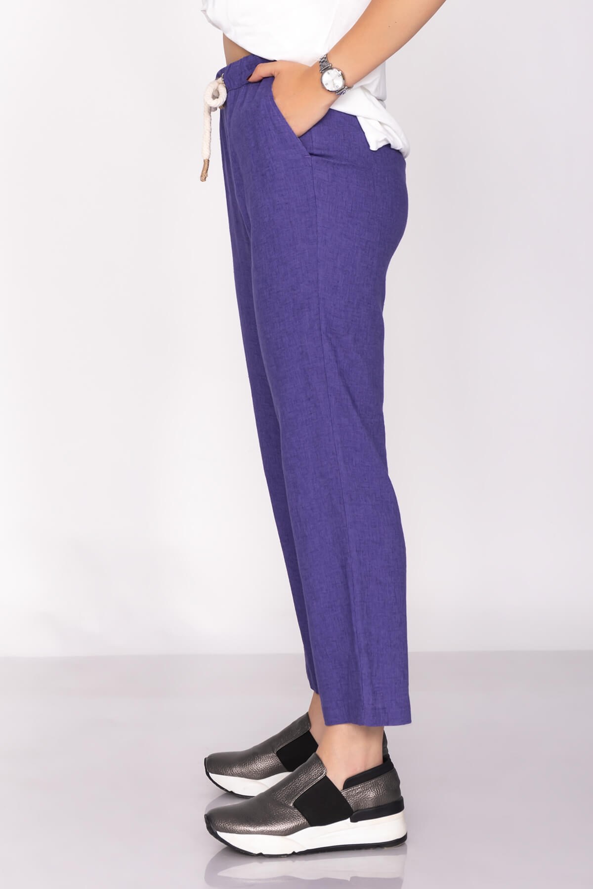 70252 Beli İpli Cepli Salaş Keten Pantolon