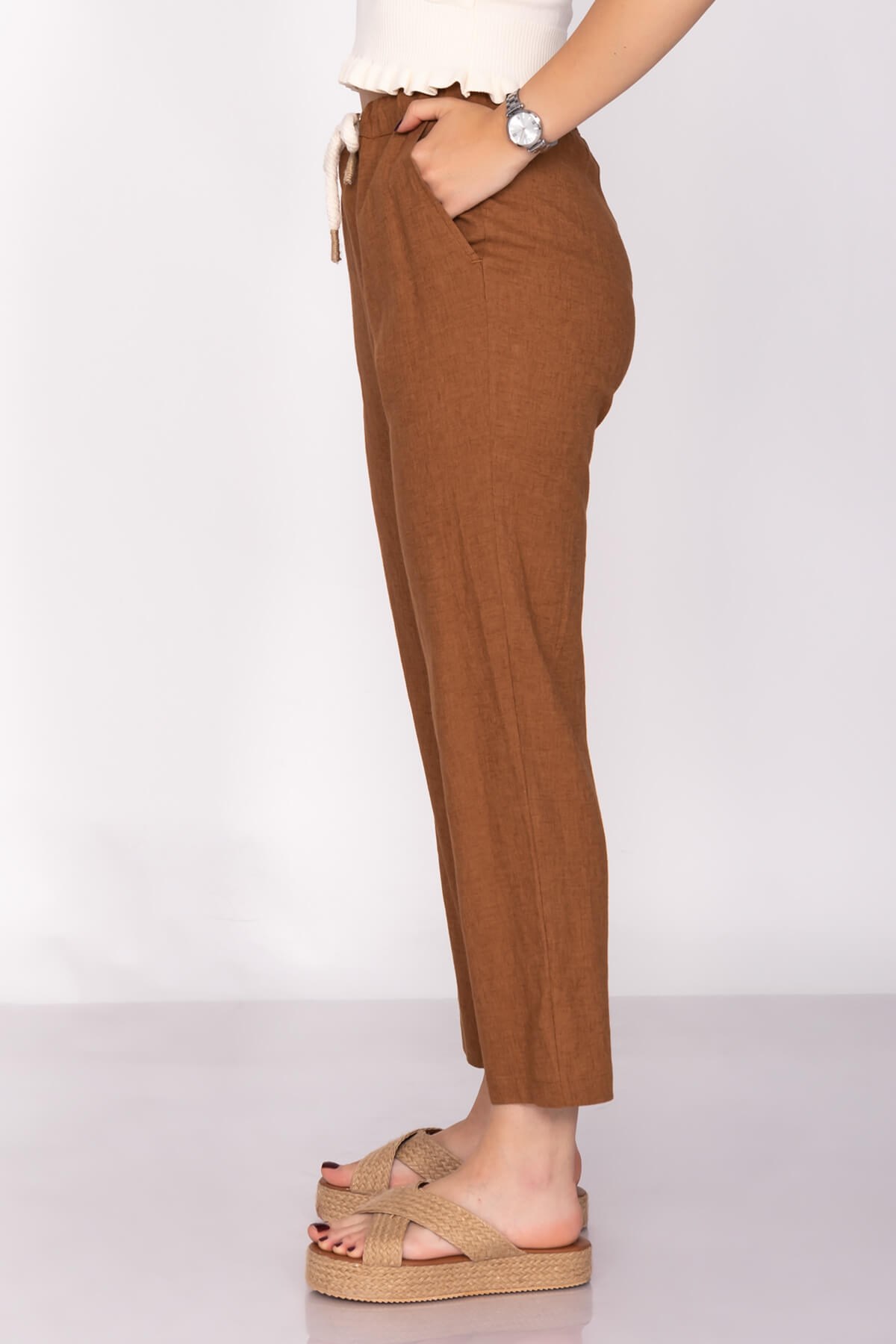 70252 Beli İpli Cepli Salaş Keten Pantolon