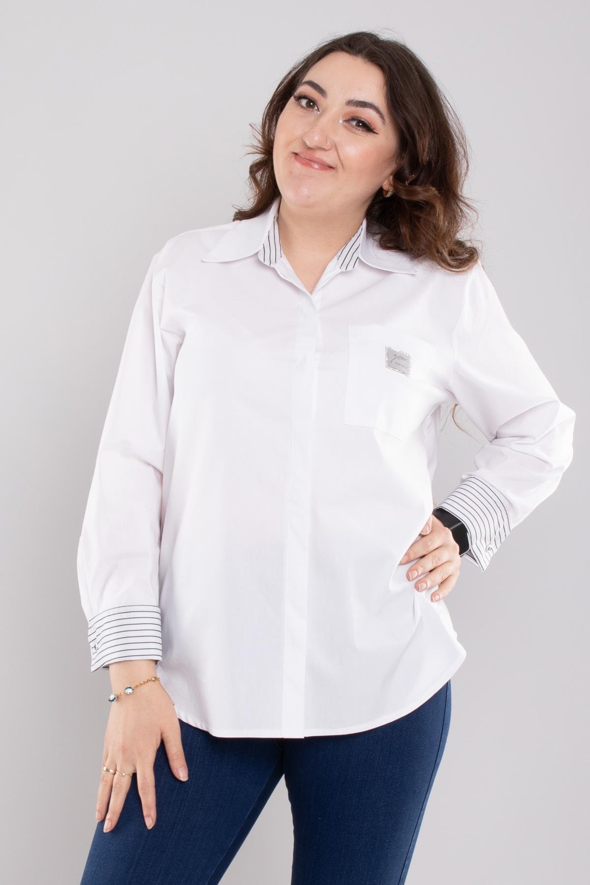 7026 Büyük Beden Kol Çizgili Cepli Gizli Düğmeli Pamuklu Gömlek