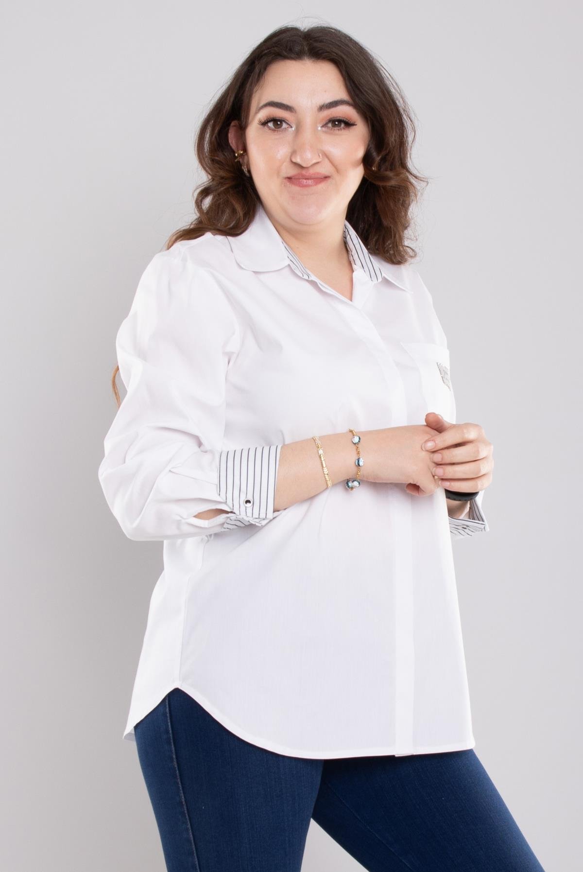 7026 Büyük Beden Kol Çizgili Cepli Gizli Düğmeli Pamuklu Gömlek