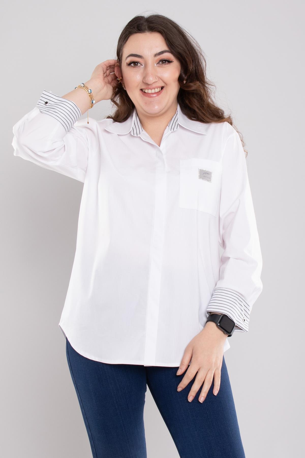 7026 Büyük Beden Kol Çizgili Cepli Gizli Düğmeli Pamuklu Gömlek