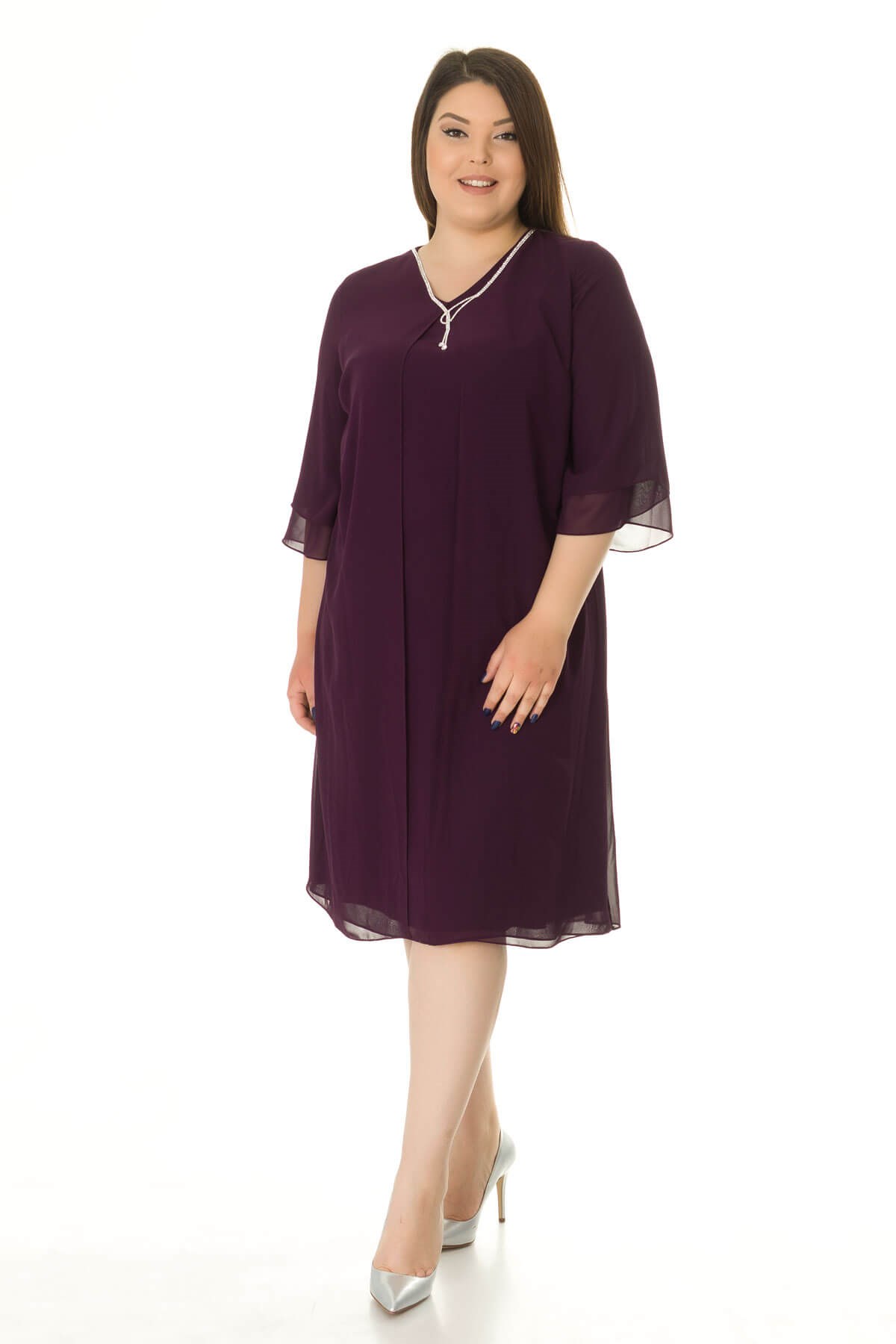 7030 BB Su Yolu Taş Kolyeli Krep Şifon Elbise