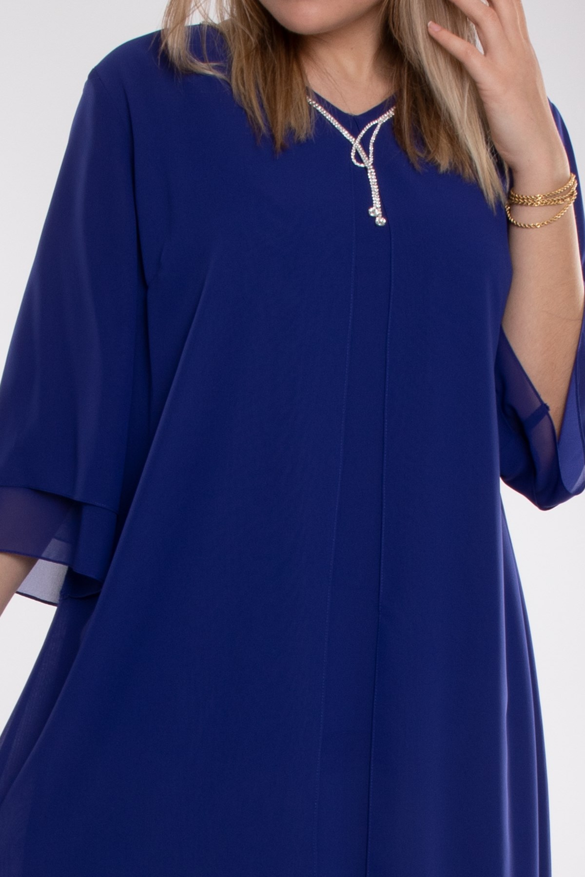 7030 Büyük Beden SuYolu Taş Kolyeli Krep Şifon Elbise