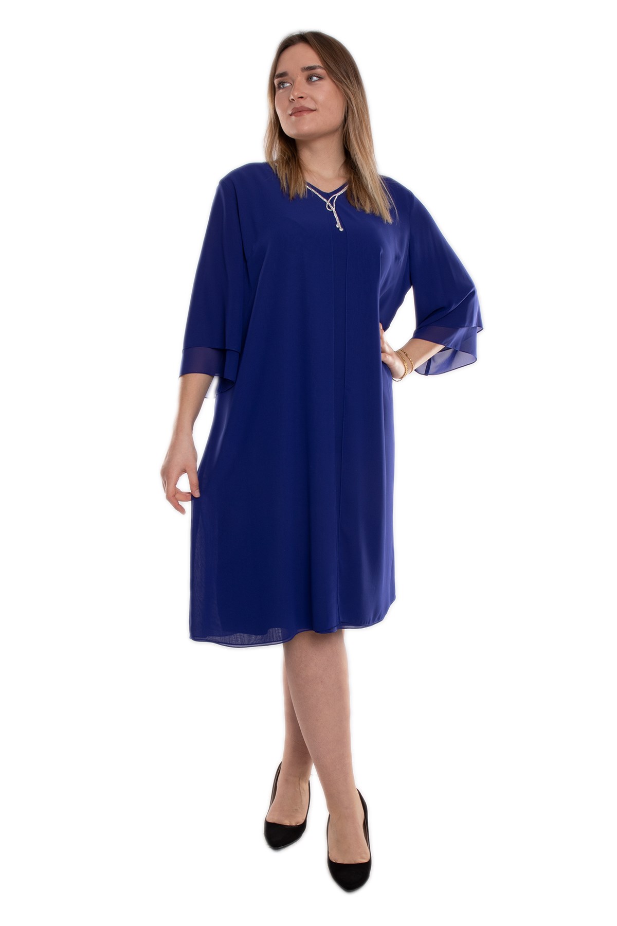 7030 Büyük Beden SuYolu Taş Kolyeli Krep Şifon Elbise