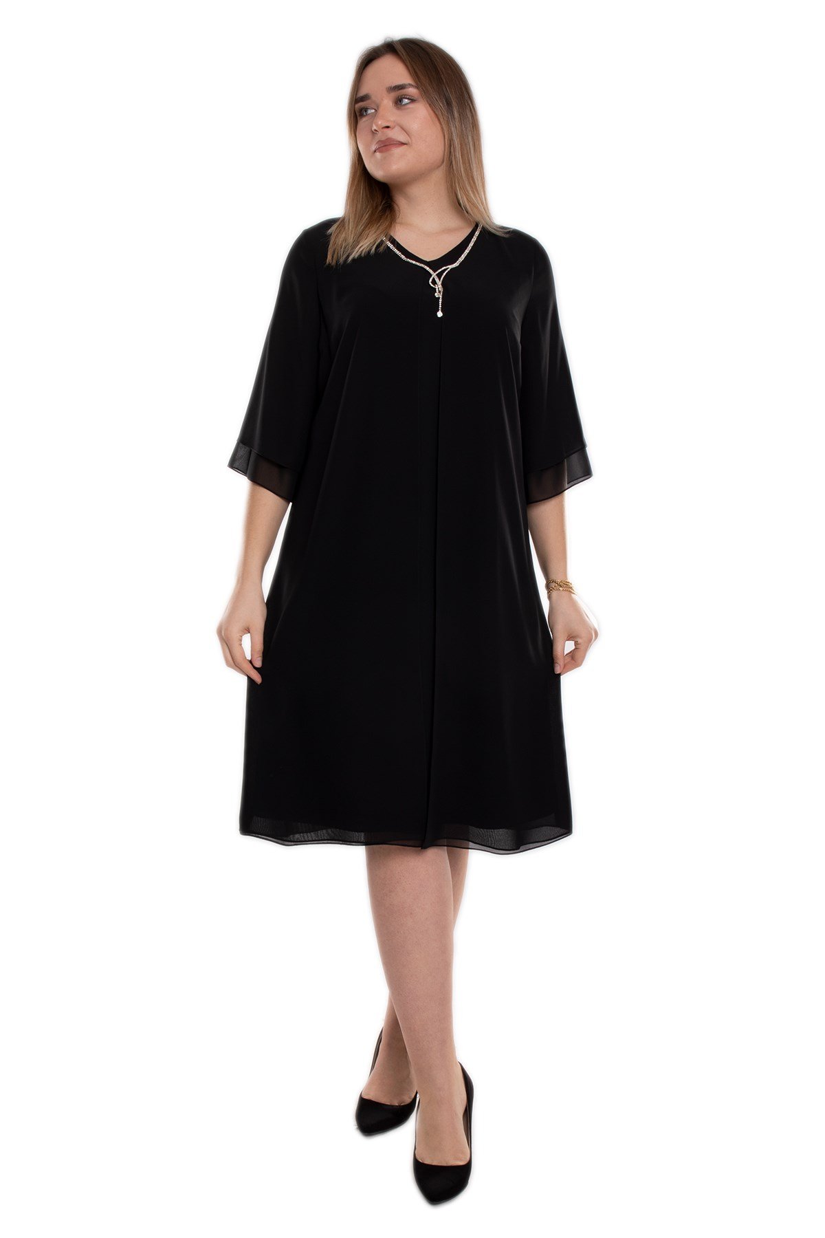 7030 Büyük Beden SuYolu Taş Kolyeli Krep Şifon Elbise