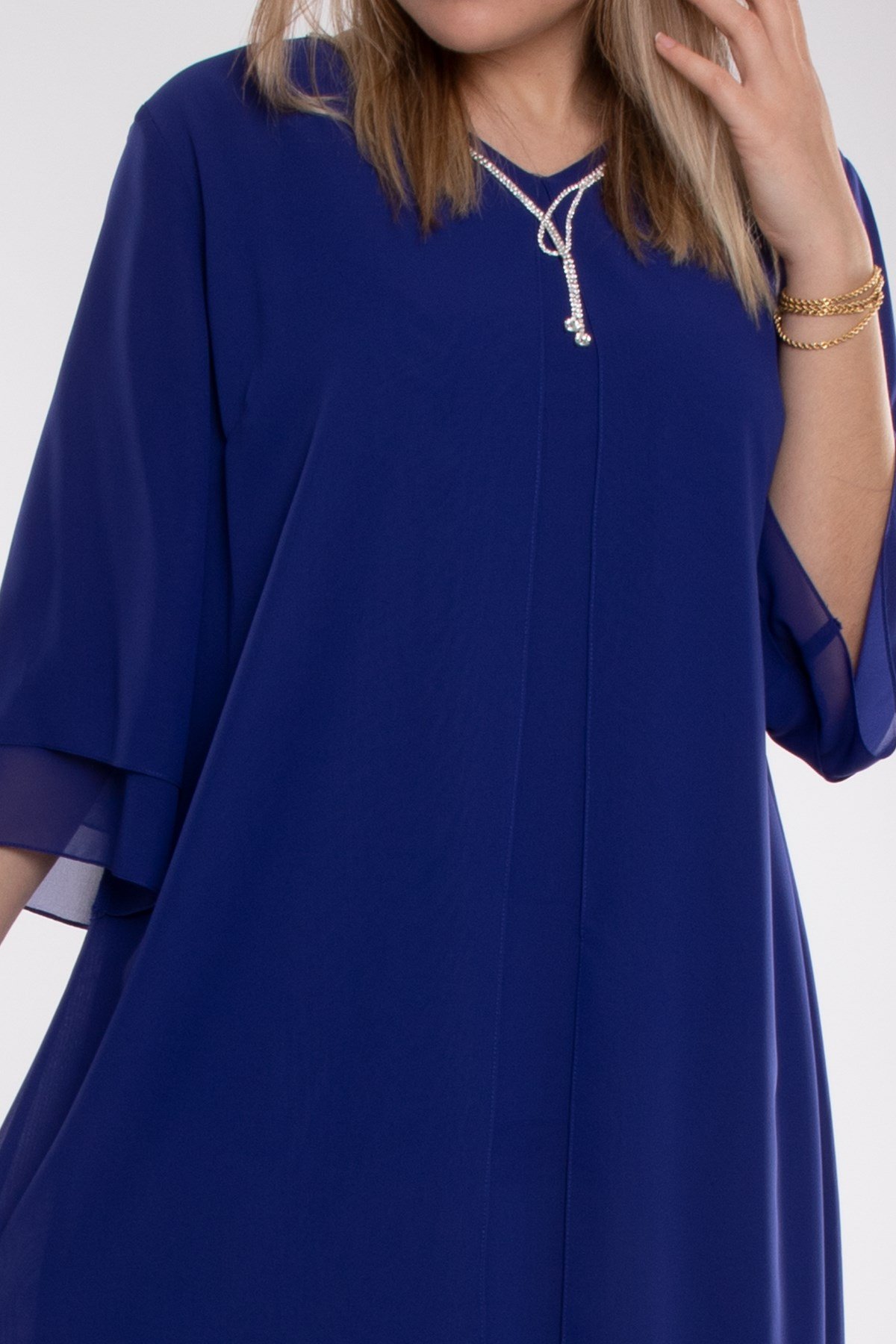 7030 Büyük Beden SuYolu Taş Kolyeli Krep Şifon Elbise