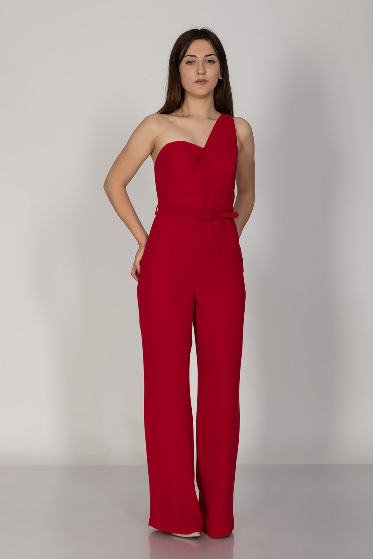 70302 Tek Omuz Beli Kemerli Önü Kruvaze Krep Abiye Tulum