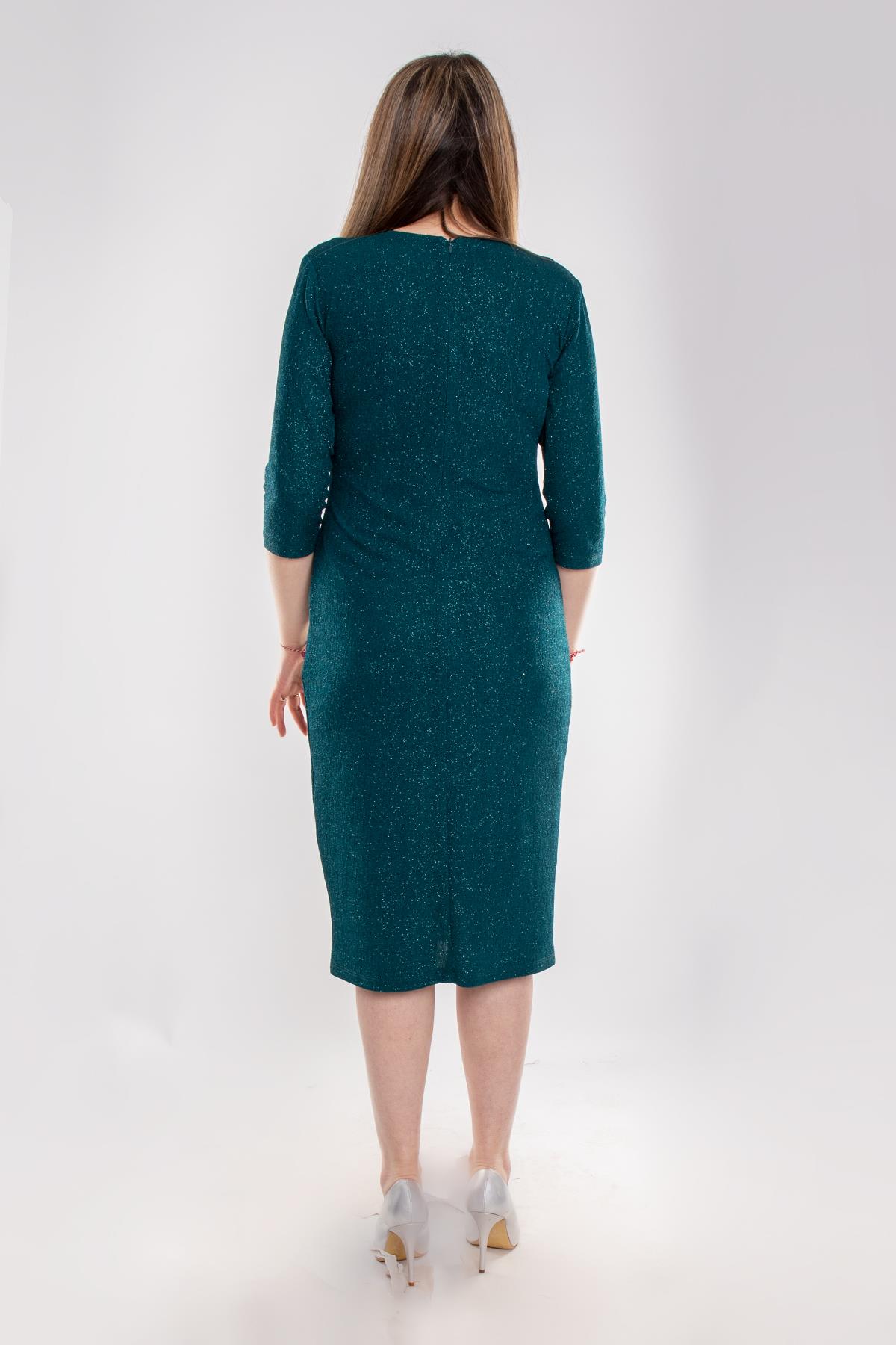 7040-1-133 Büyük Beden Kruvaze Yaka Simli Kumaş Kısa Elbise