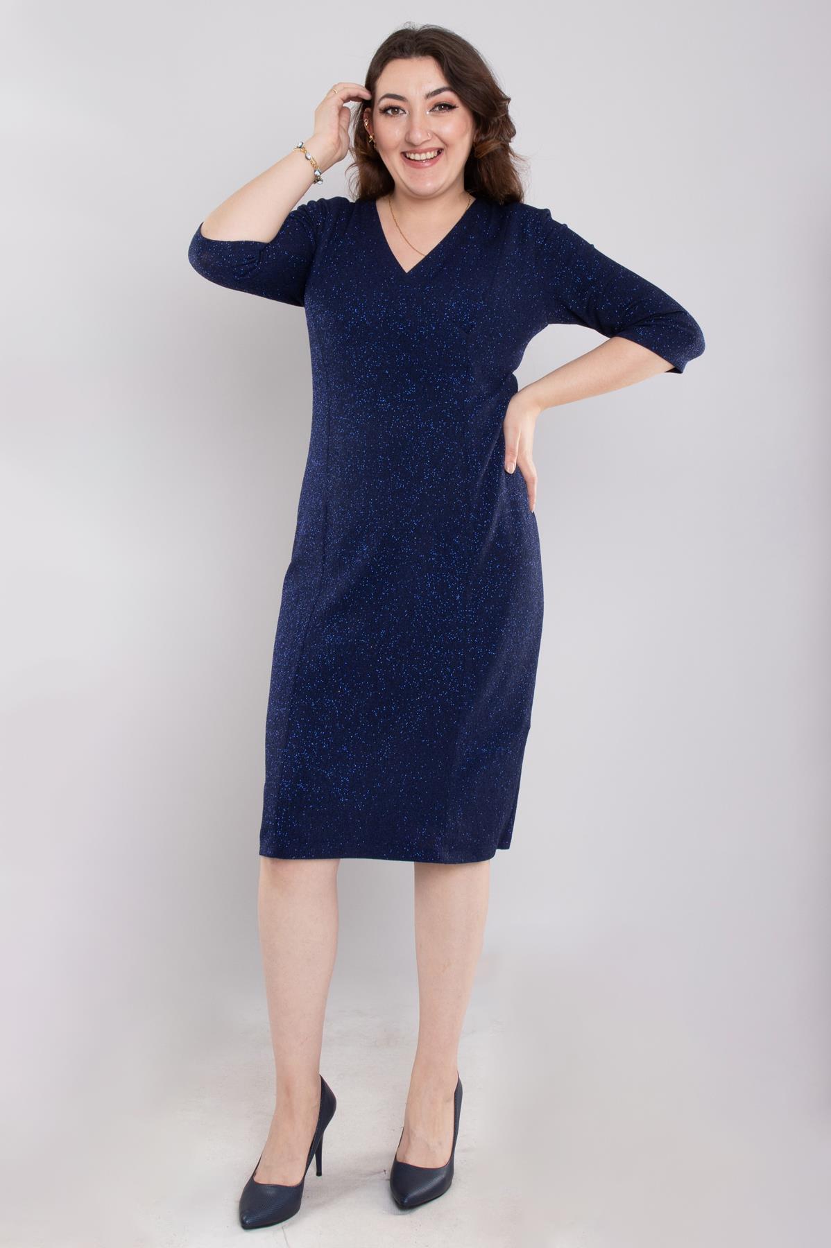 7040-1(109) Büyük Beden Kruvaze Yaka Simli Kumaş Kısa Elbise