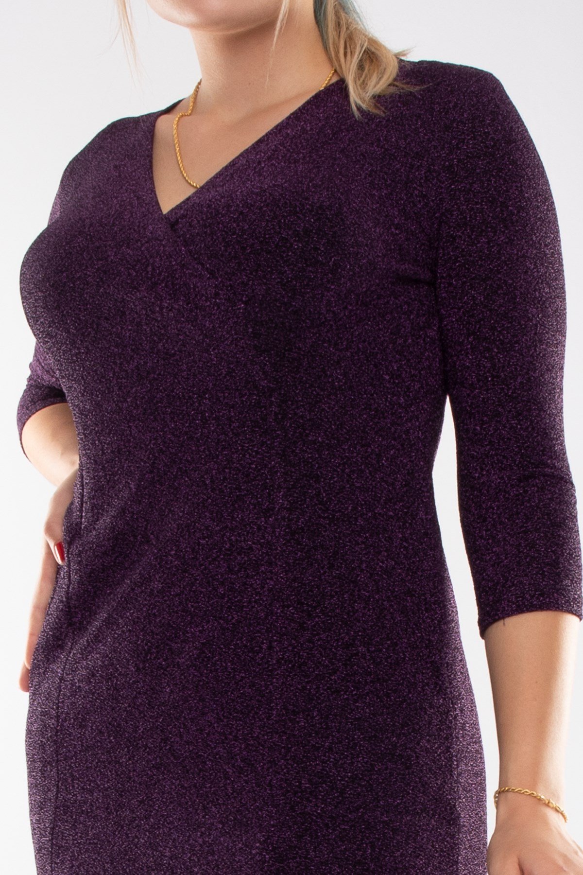 7040-3 Büyük Beden Kruvaze Yaka Simli Truvakar Kol Kısa Elbise