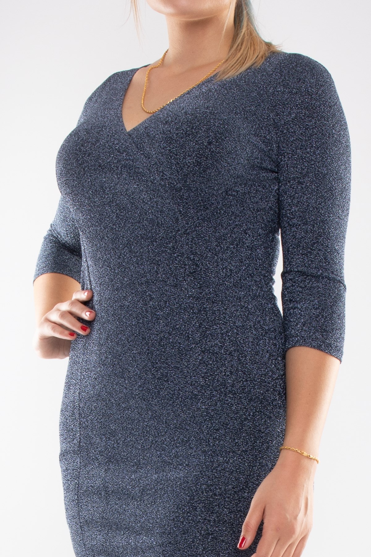 7040-3 Büyük Beden Kruvaze Yaka Simli Truvakar Kol Kısa Elbise