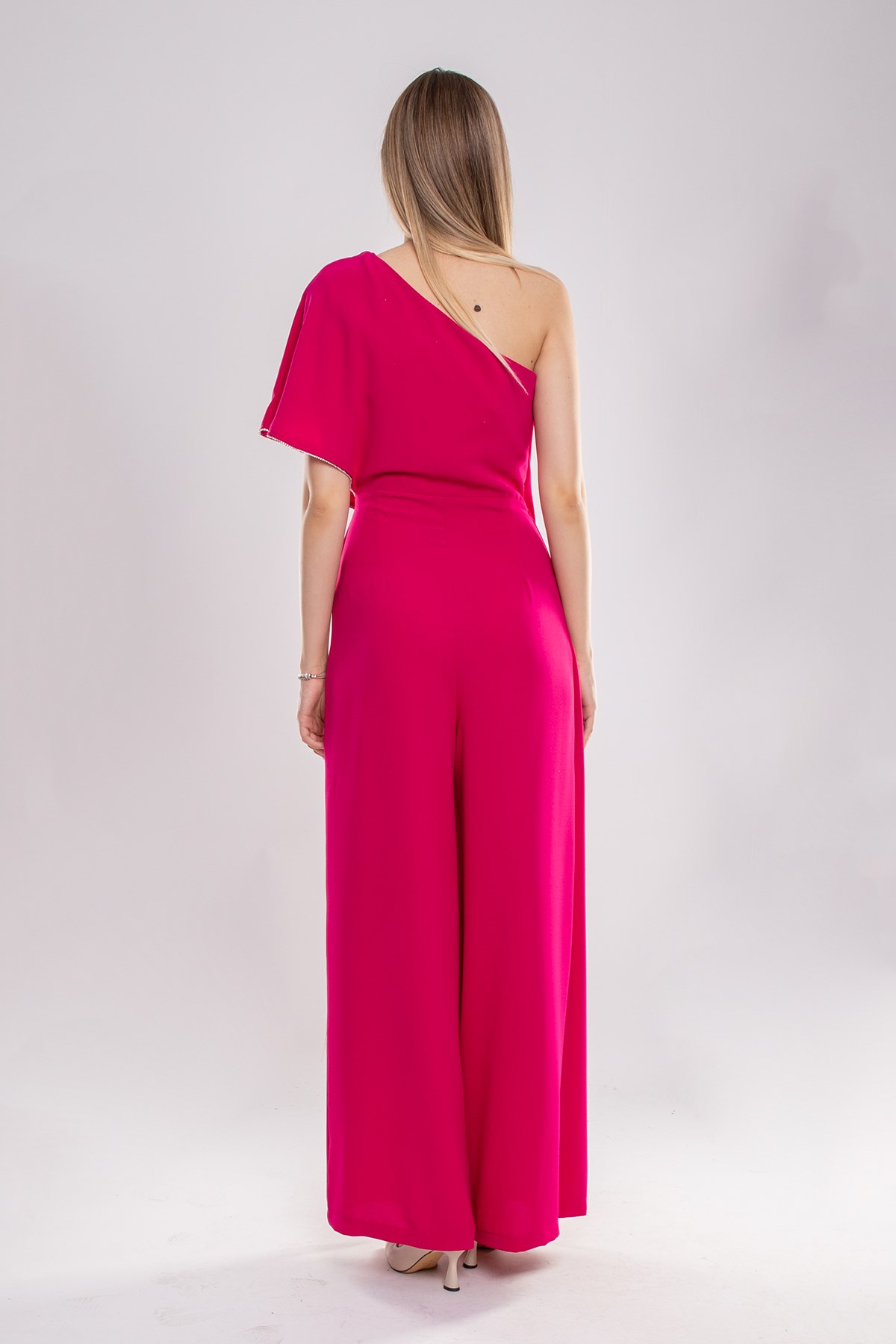 70441 Sıra Taşlı Tek Omuz Şal Detay Krep Abiye Tulum