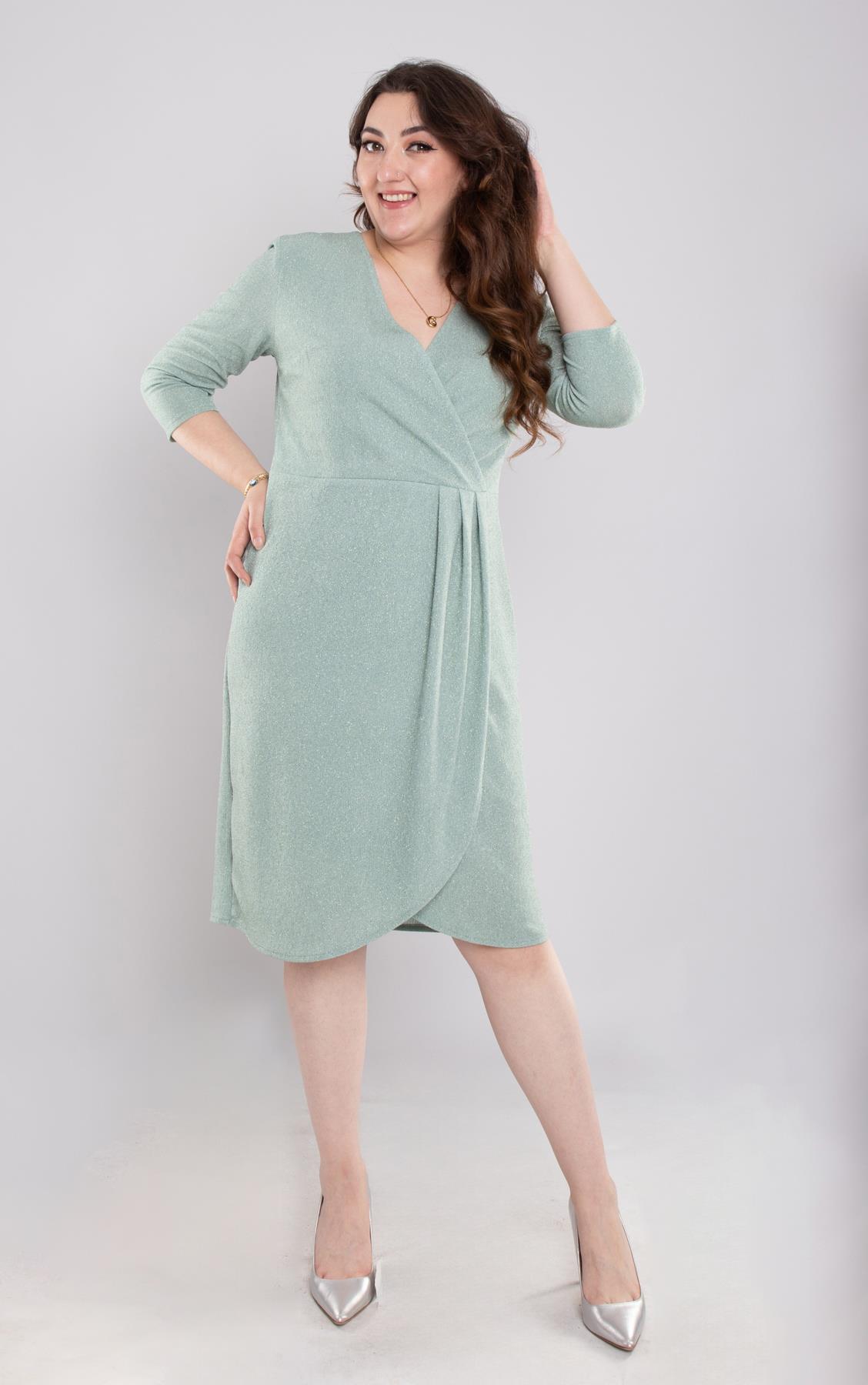 7046(104) Büyük Beden Kruvaze Yaka Piliseli Simli Kısa Elbise