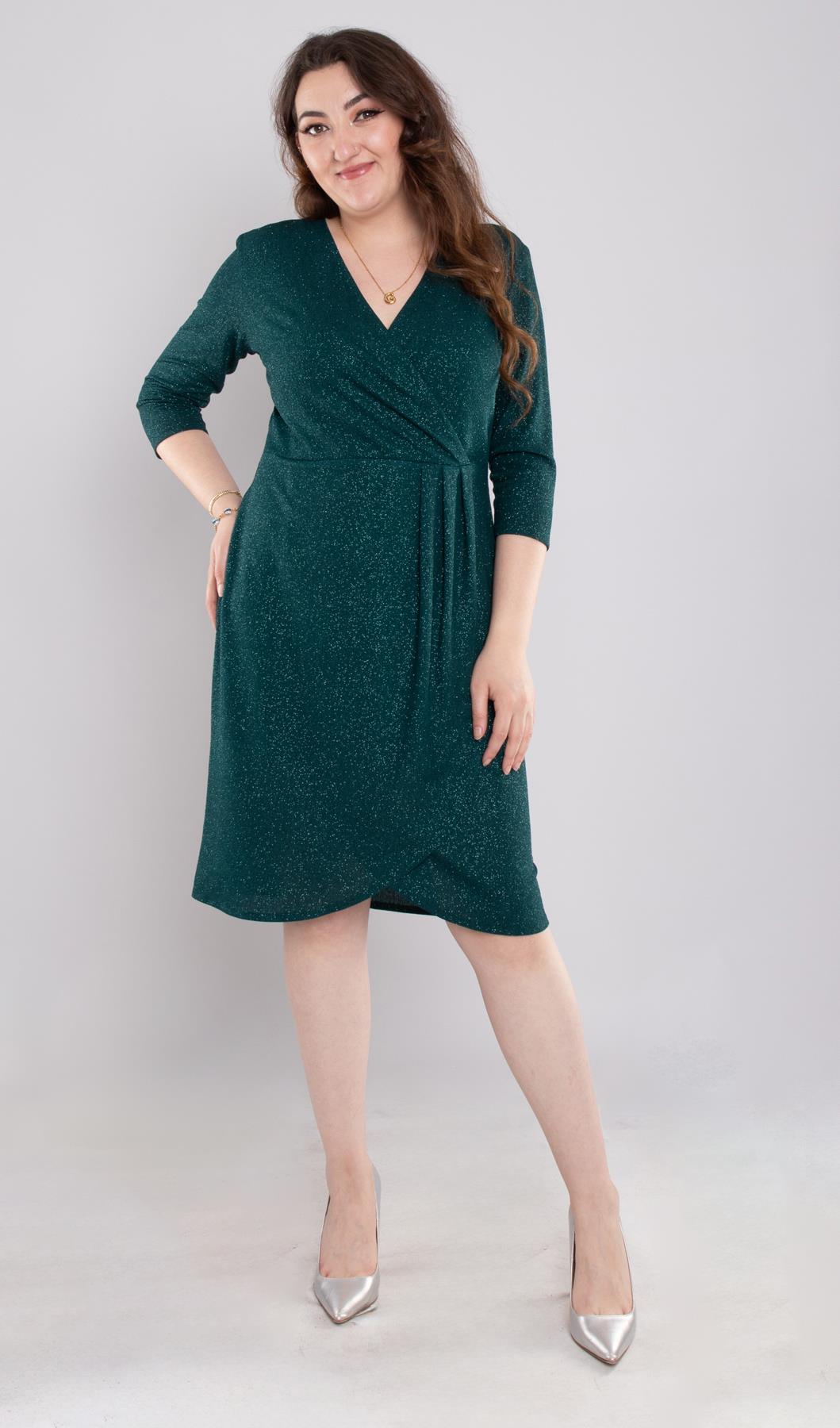 7046(104) Büyük Beden Kruvaze Yaka Piliseli Simli Kısa Elbise