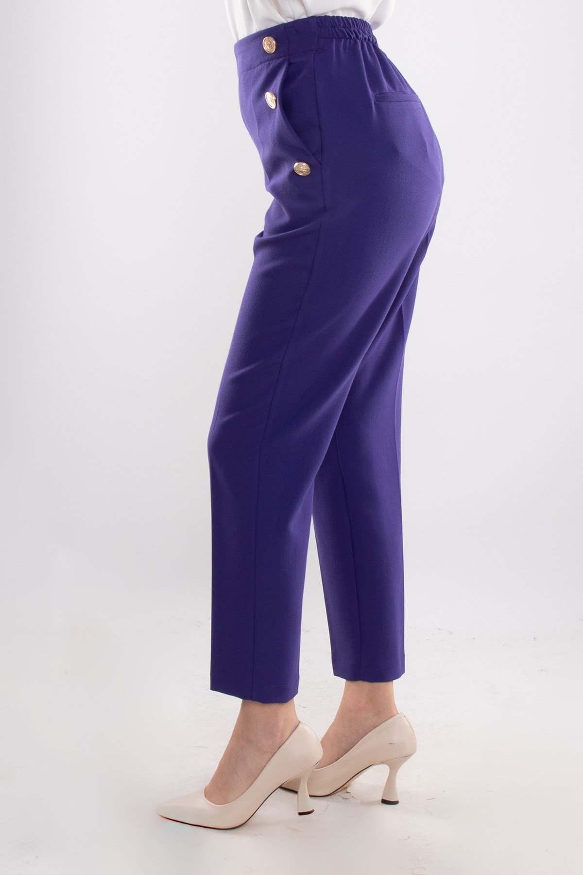 70503 Beli Lastikli Gold Düğmeli Krep Kadın Pantolon