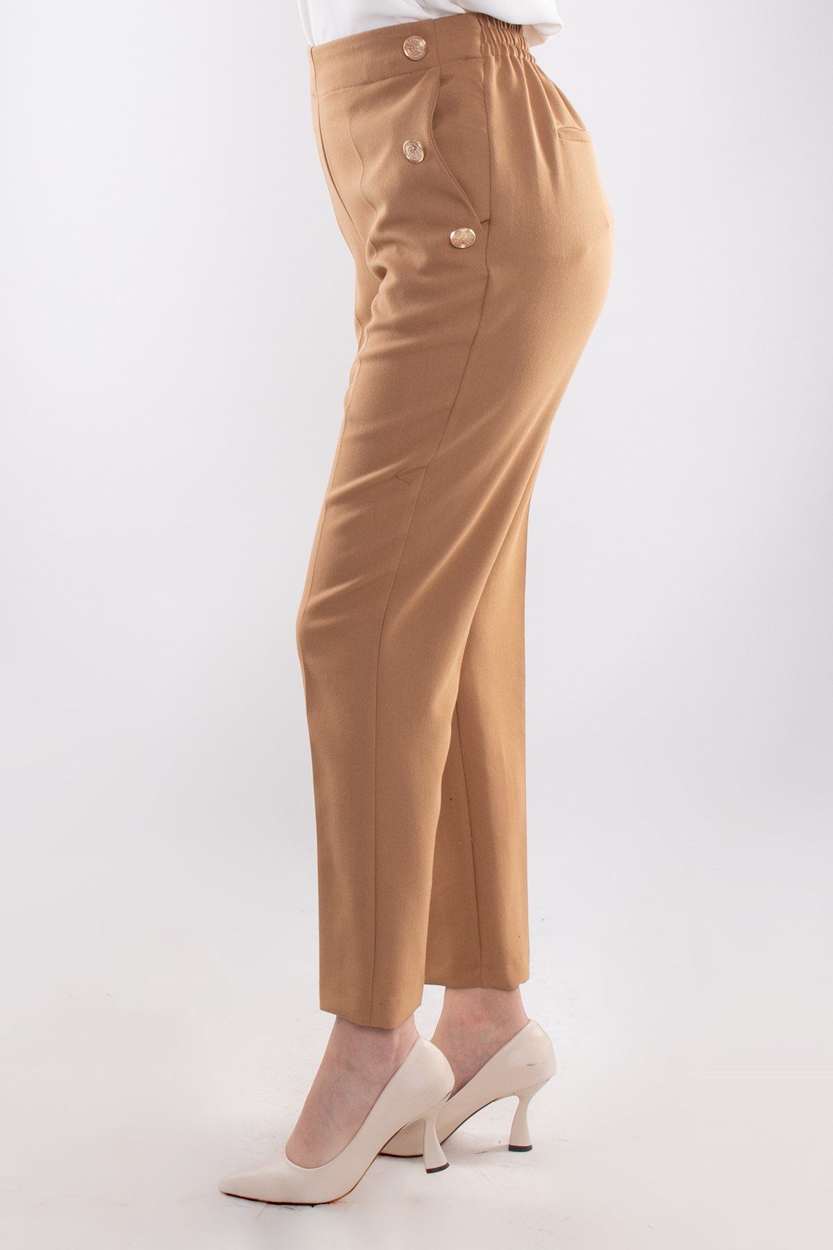 70503 Beli Lastikli Gold Düğmeli Krep Kadın Pantolon