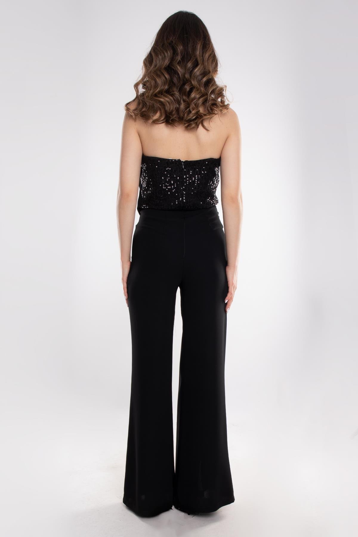 70510 Straplez Göğüs ve Paça Pulpayet Detay Kadın Krep Tulum