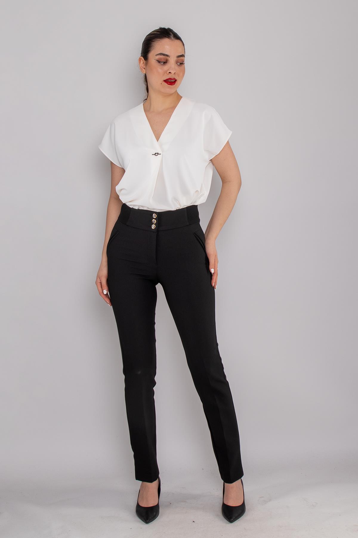 70520 Üç Düğme Geniş Kemer Kumaş Pantolon