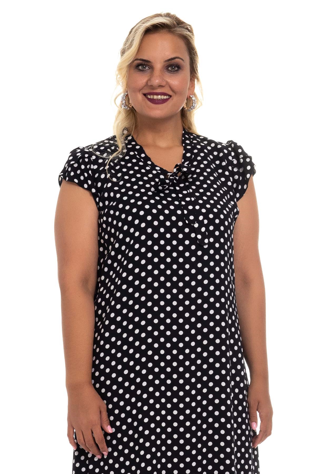 7057-3 Yakası Bağlamalı Puantiyeli Likralı Viscon Elbise