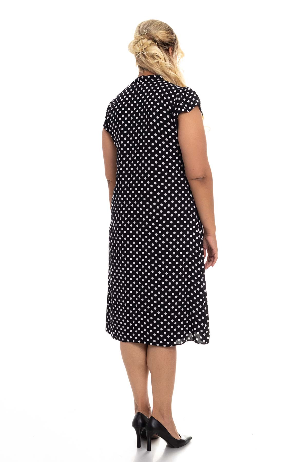 7057-3 Yakası Bağlamalı Puantiyeli Likralı Viscon Elbise