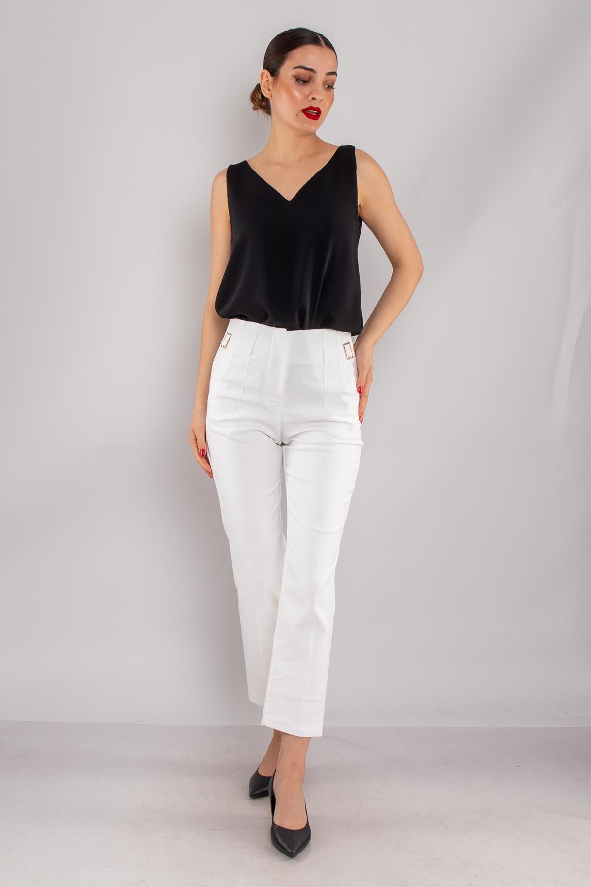 70571 Pensli Beli Toka Detay Pamuk Kadın Pantolon