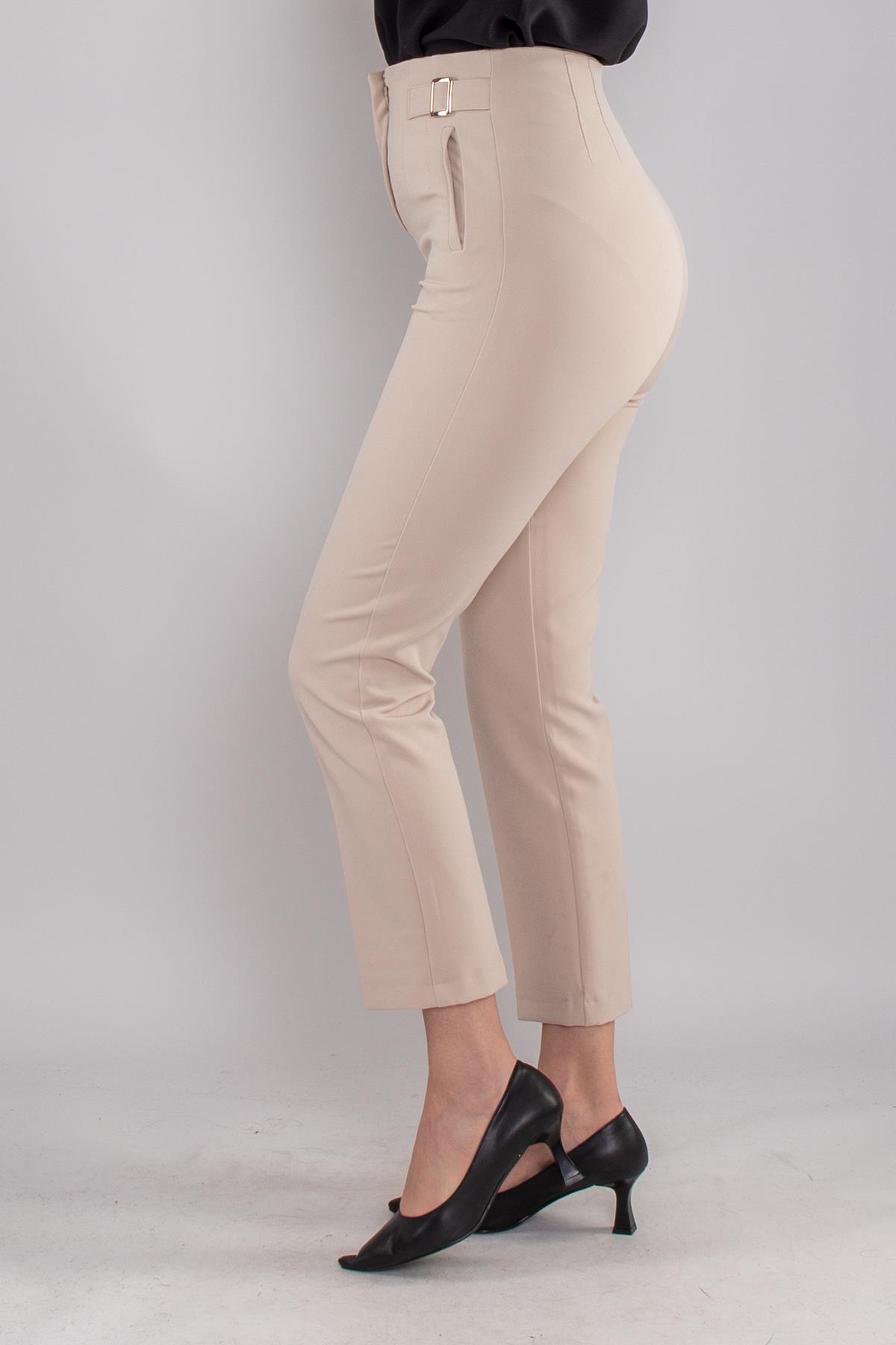 70609 Beli Pensli Tokalı Kumaş Pantolon