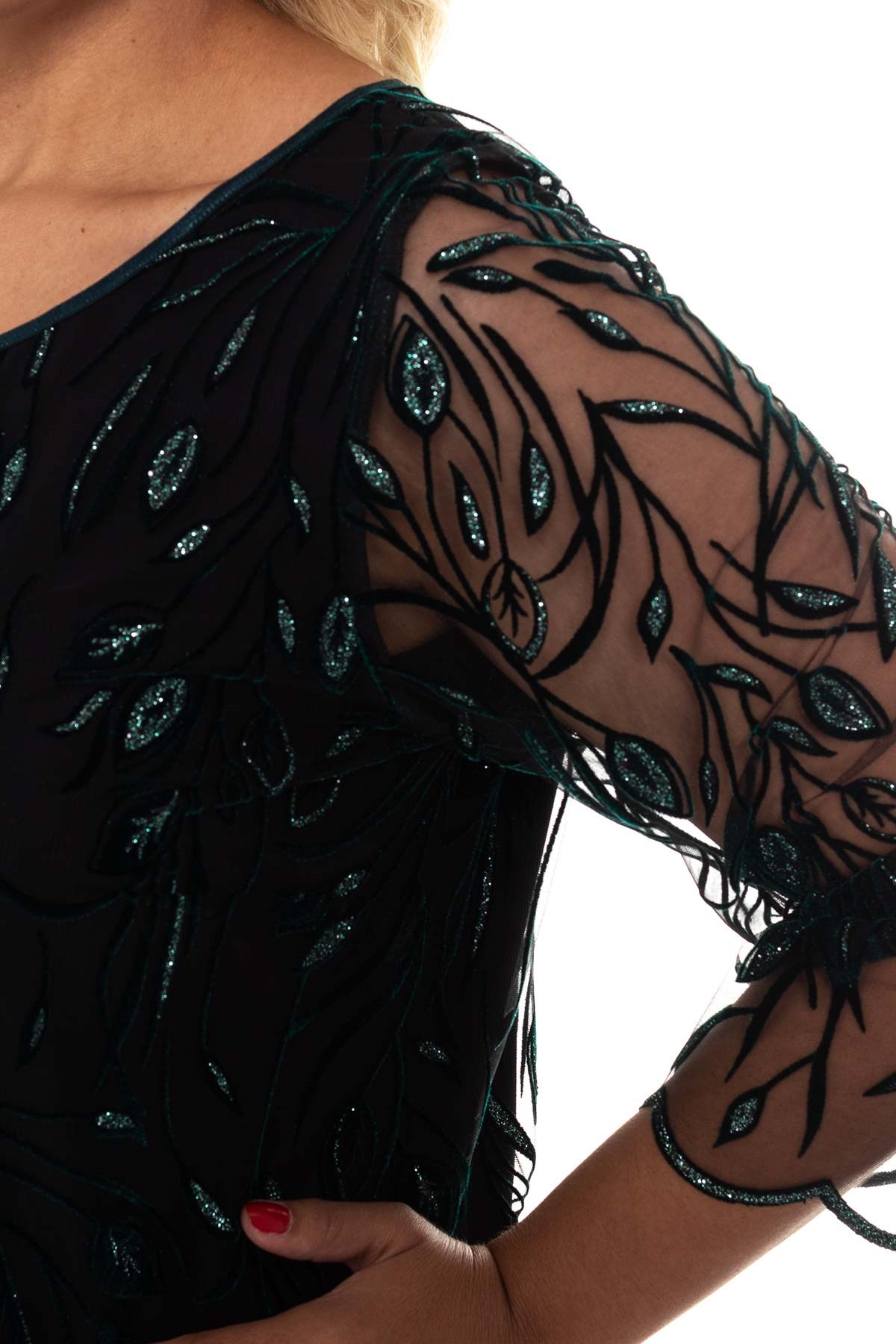 7069 BB Yaprak Kadife Sim İşleme Astarlı Kısa Elbise