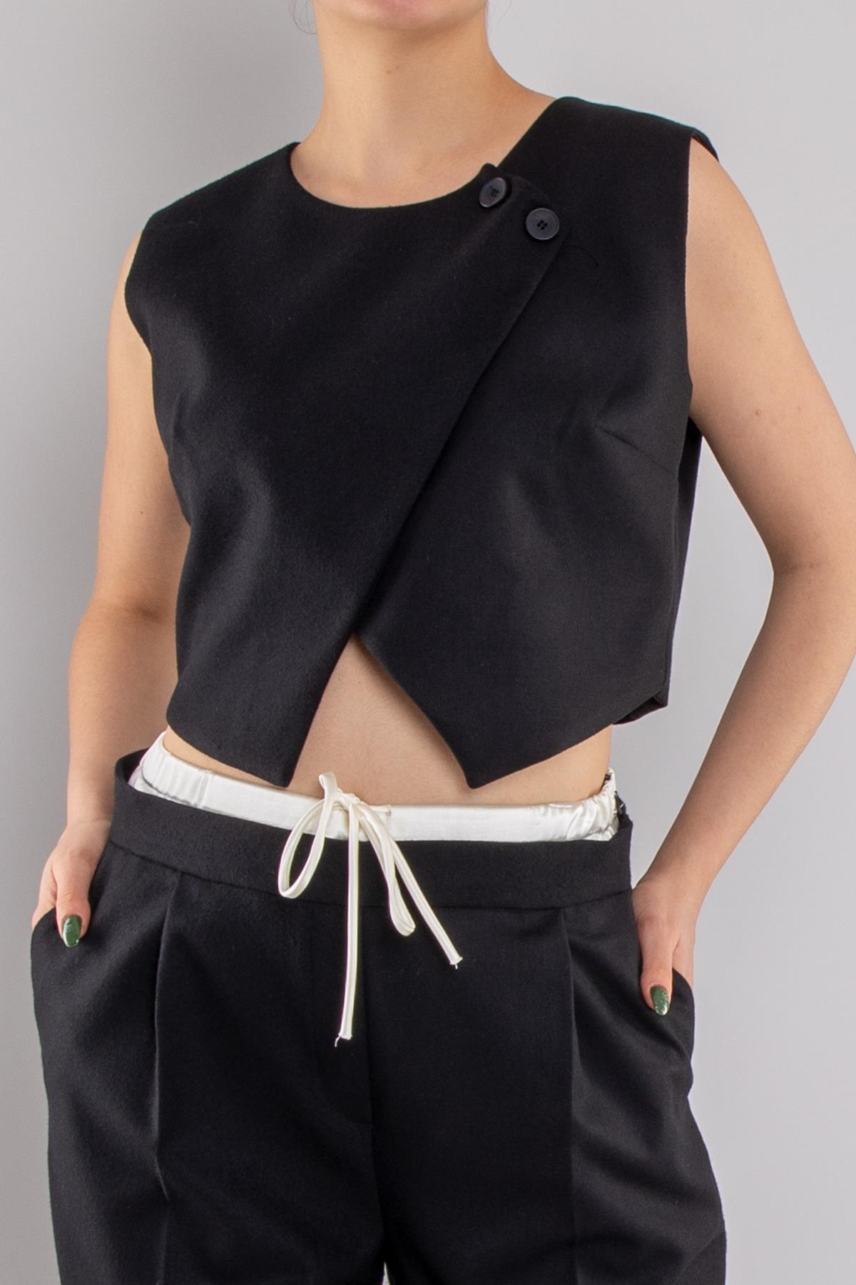 70697 Crop Asimetrik Yelek Bel Detay Palazzo Pantolon Takım