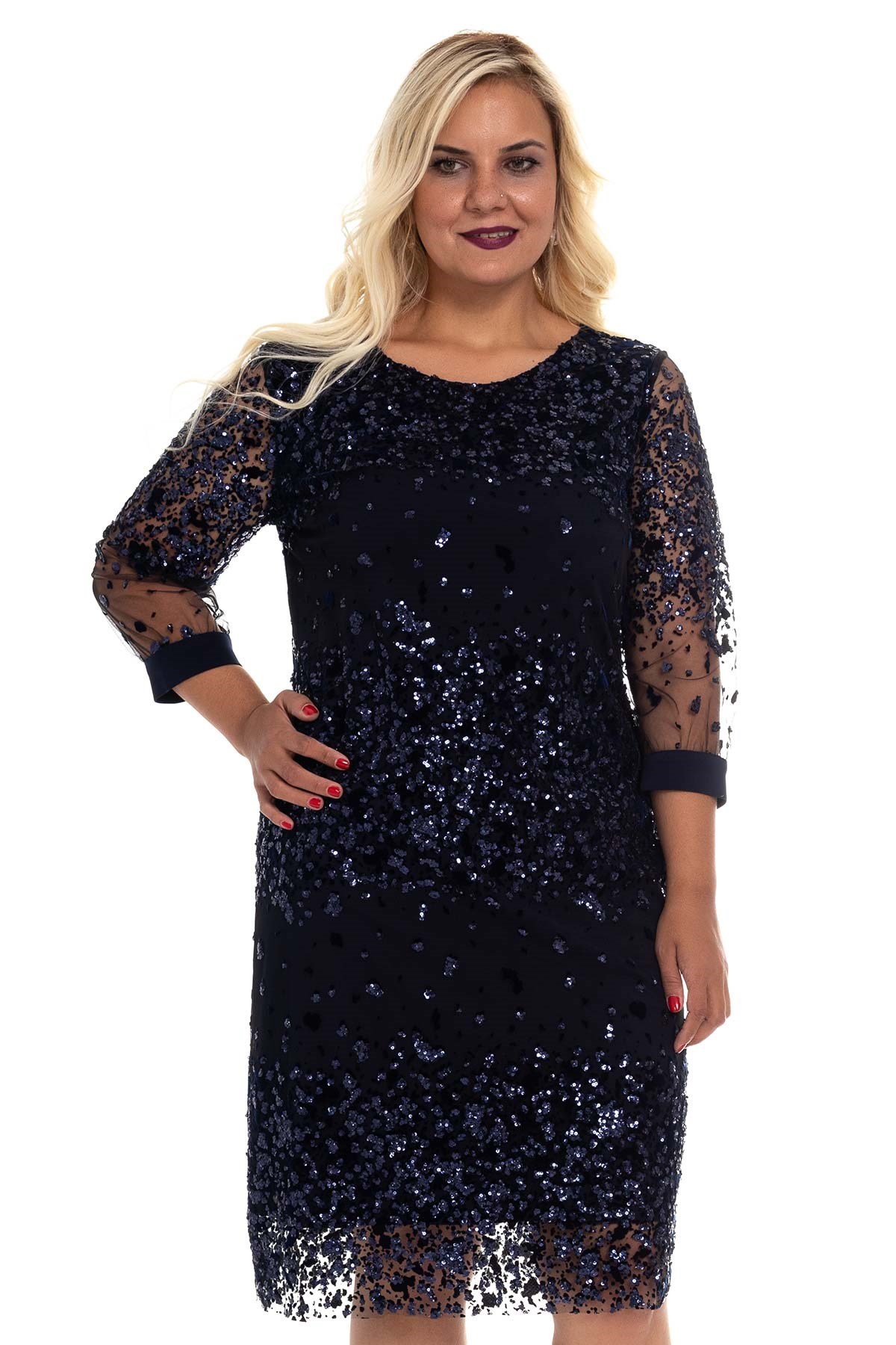 7073 BB Kadife Pulpayet İşlemeli Astarlı Kısa Elbise