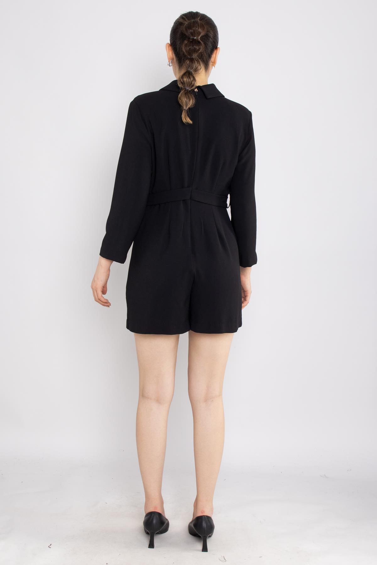 70807 Önden Kapaklı Vatkalı Kruvaze Yaka Kısa Krep Tulum