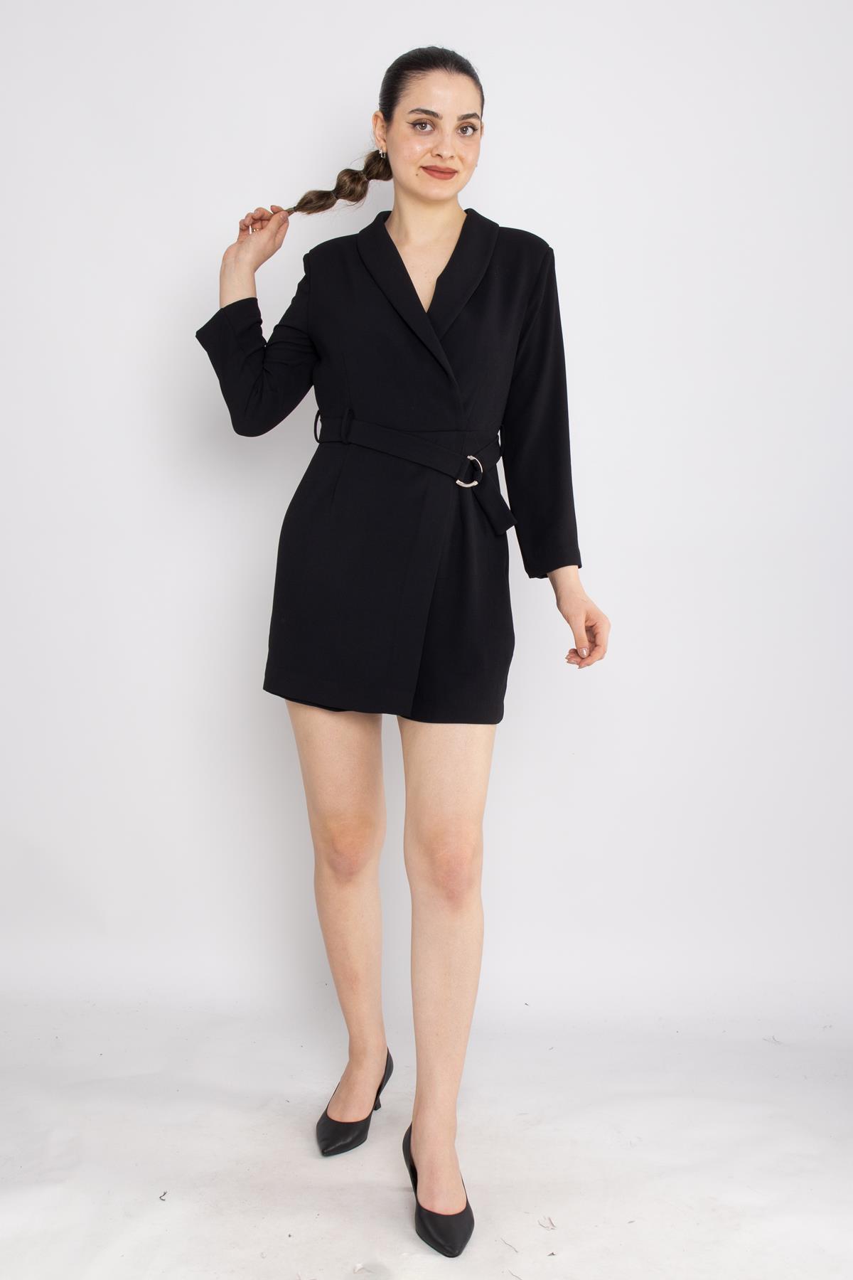 70807 Önden Kapaklı Vatkalı Kruvaze Yaka Kısa Krep Tulum