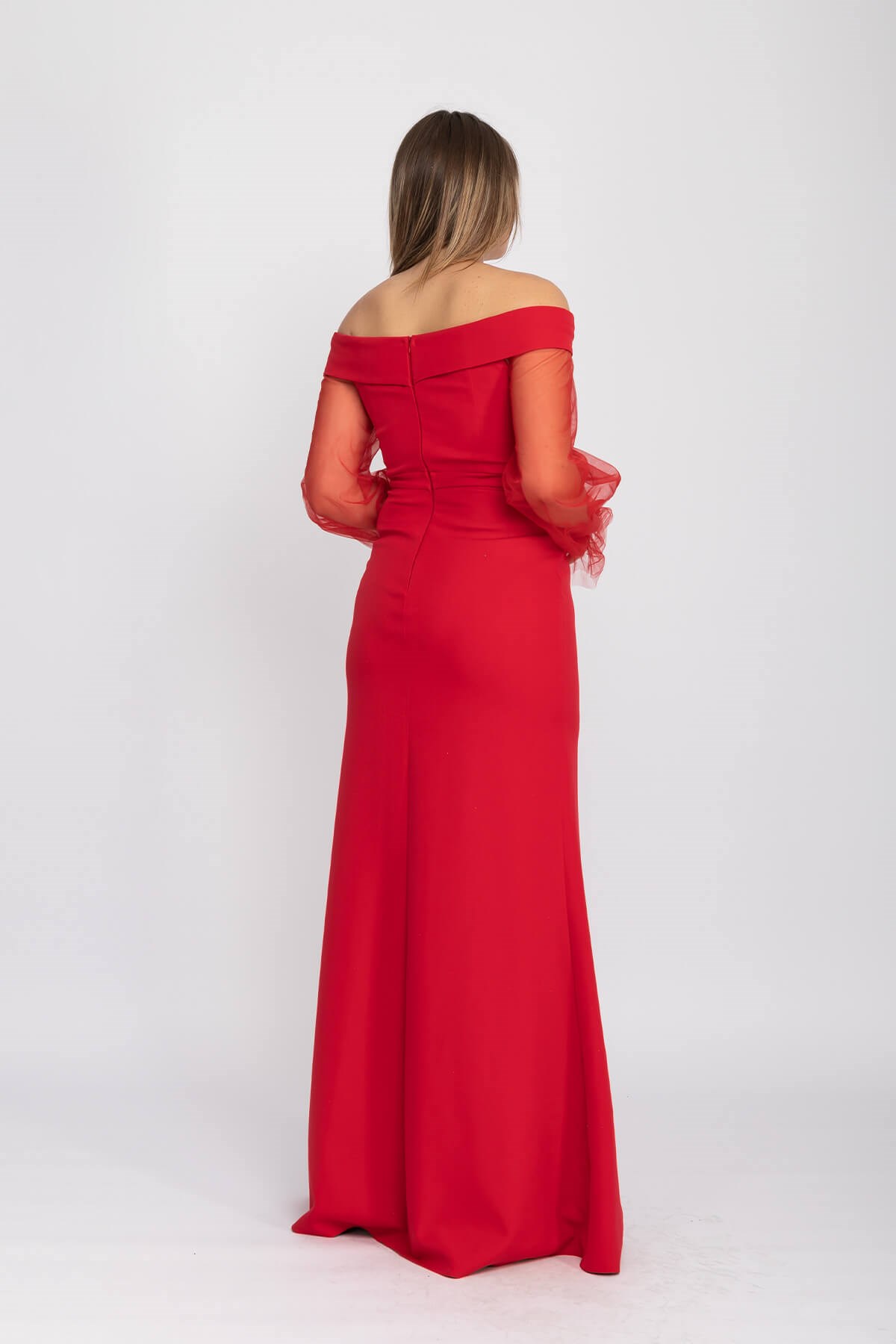 7081 Lady Yaka Tül Kol Yırtmaçlı Krep Balık Uzun Elbise