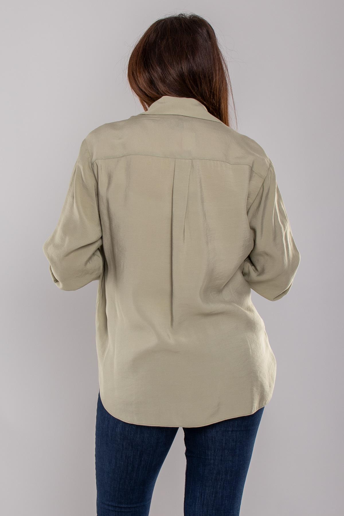 7082 Büyük Beden Cebi Boncuklu Düğmeli Modal Gömlek