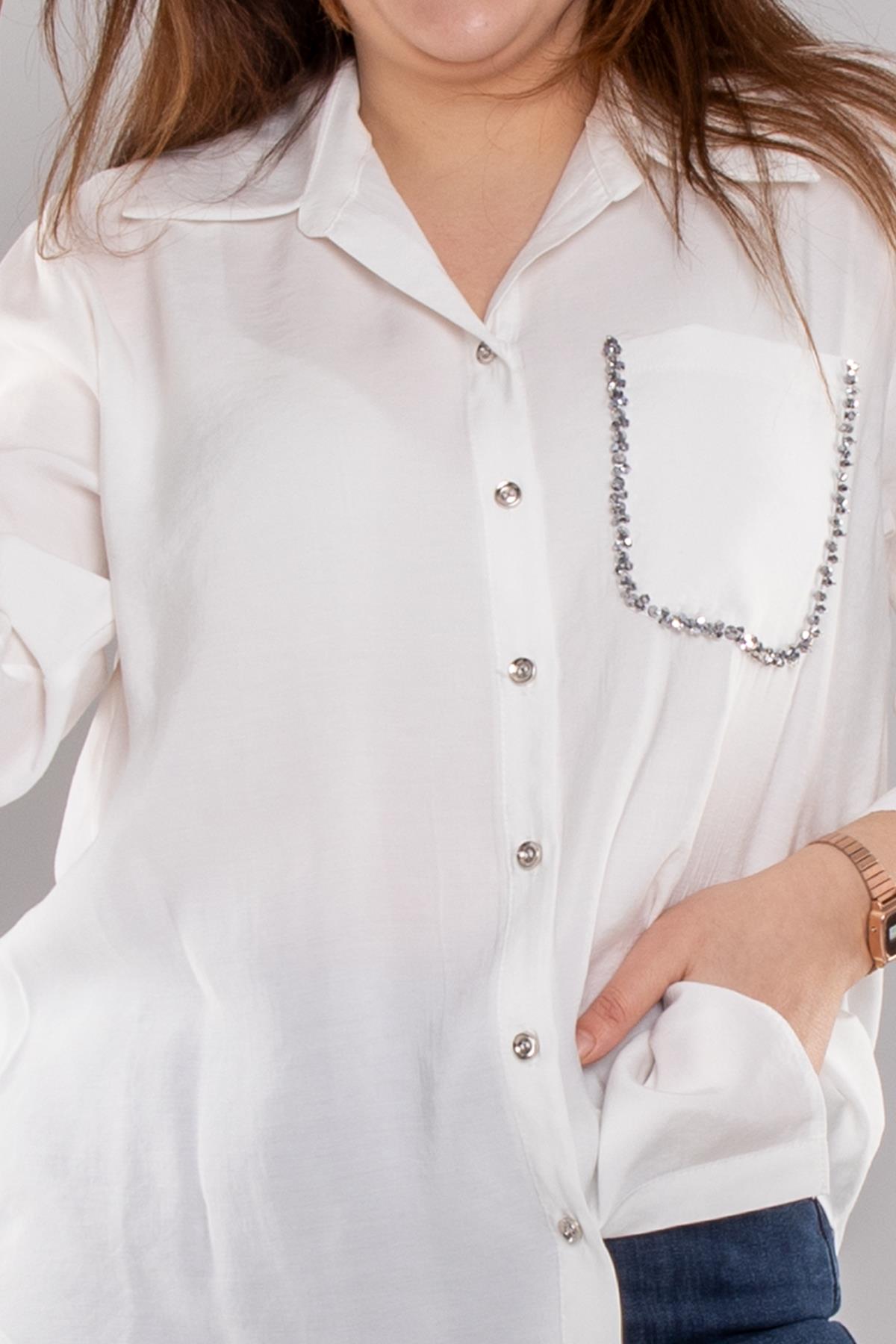 7082 Büyük Beden Cebi Boncuklu Düğmeli Modal Gömlek