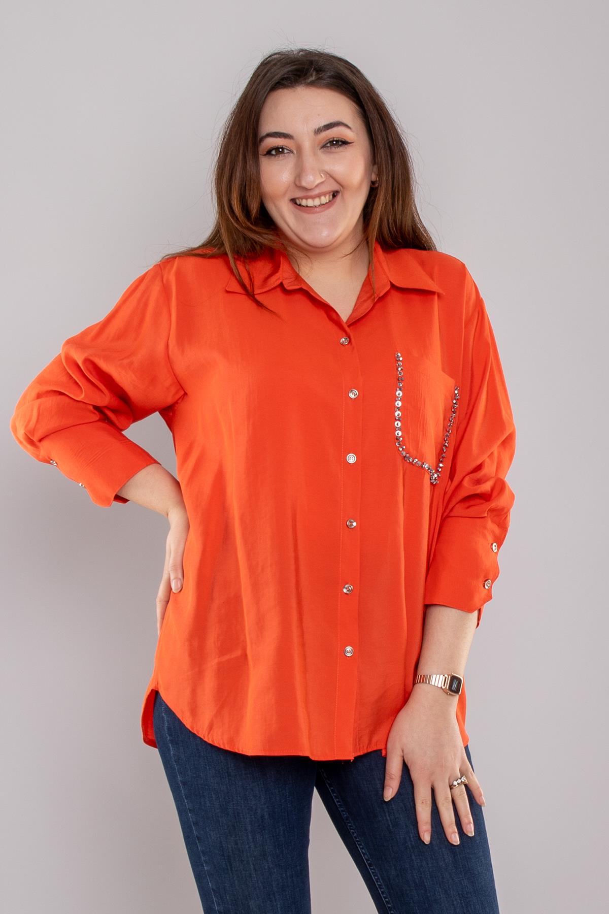 7082 Büyük Beden Cebi Boncuklu Düğmeli Modal Gömlek