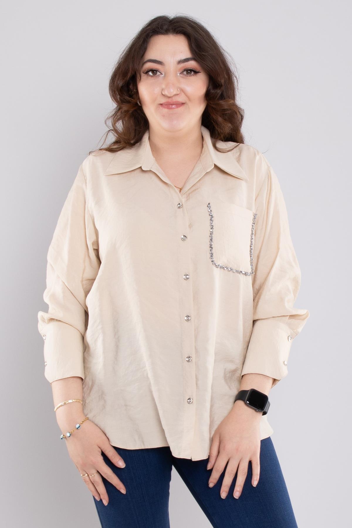 7082 Büyük Beden Cebi Boncuklu Düğmeli Modal Gömlek