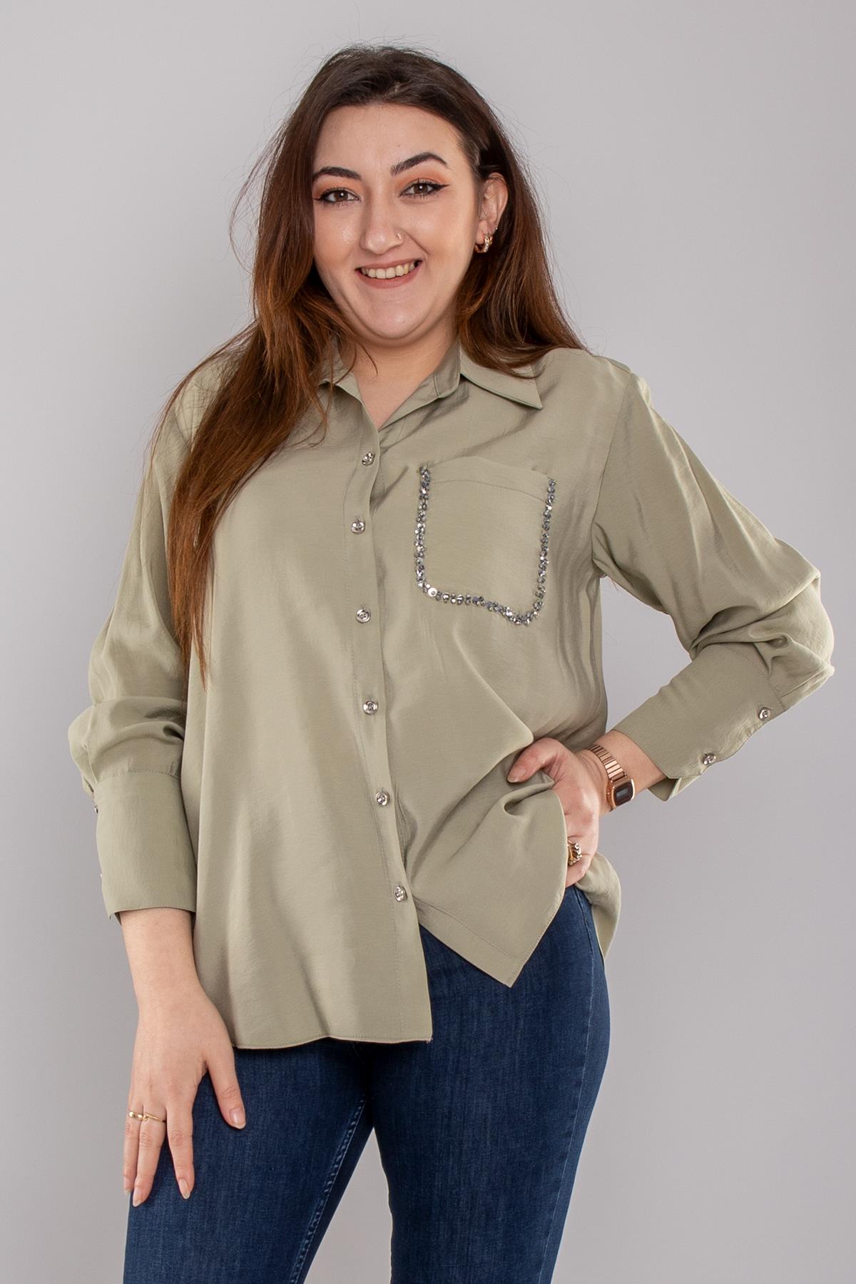 7082 Büyük Beden Cebi Boncuklu Düğmeli Modal Gömlek