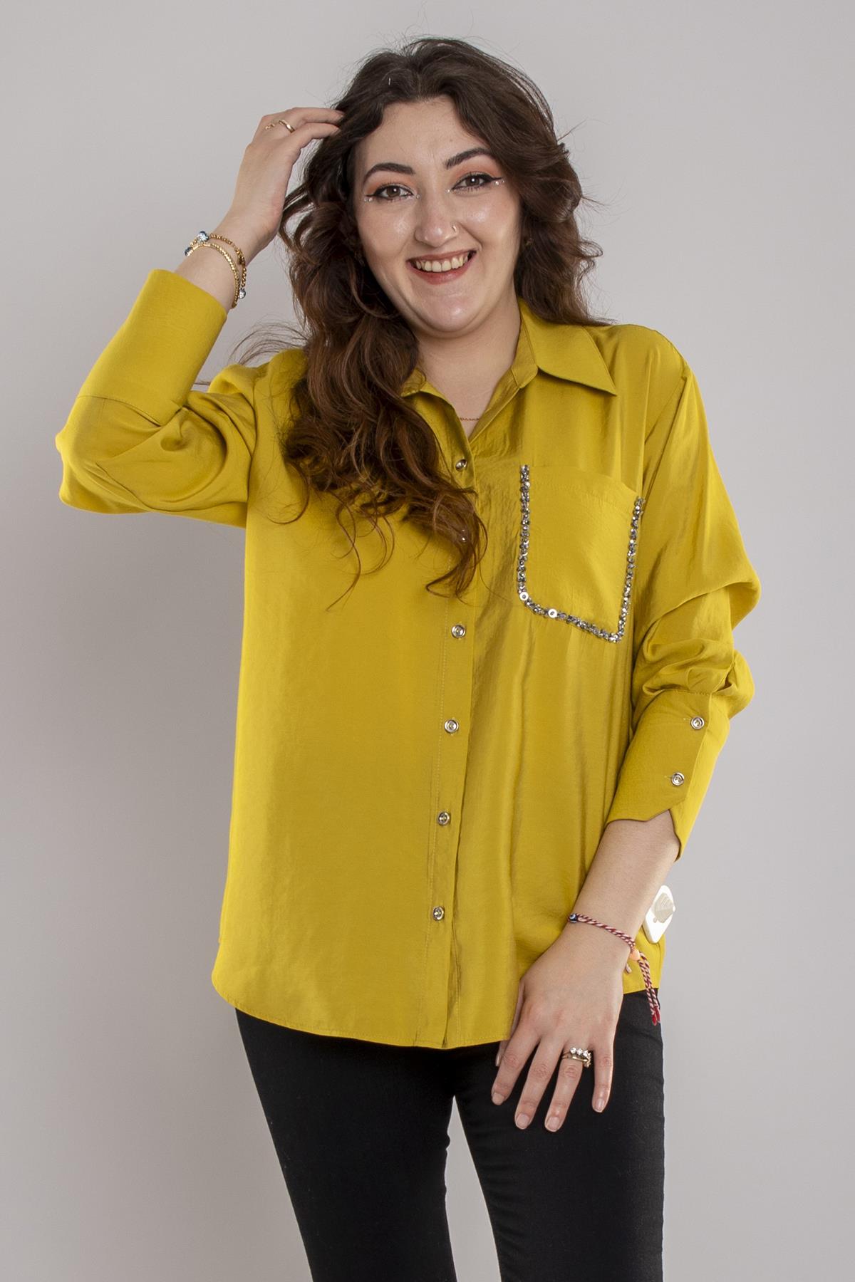 7082 Büyük Beden Cebi Boncuklu Düğmeli Modal Gömlek