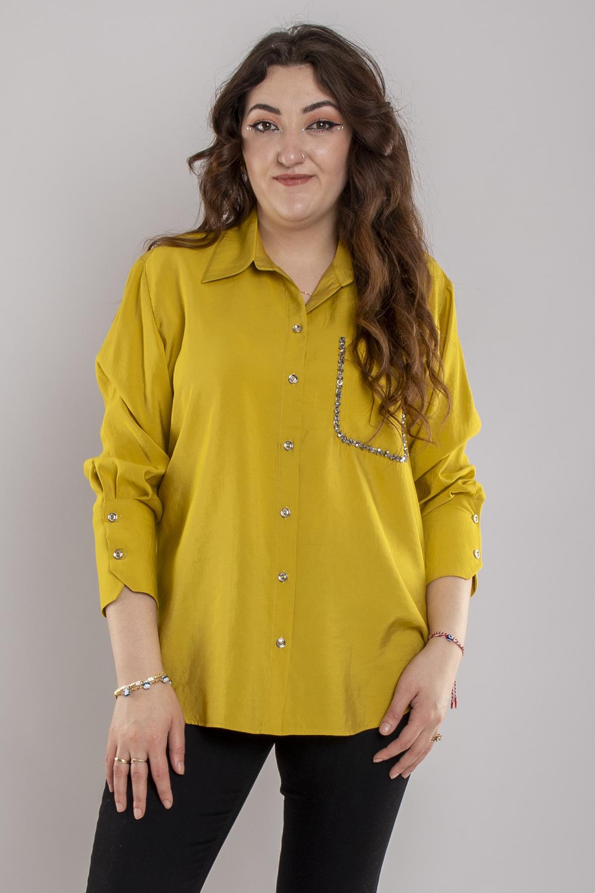 7082 Büyük Beden Cebi Boncuklu Düğmeli Modal Gömlek