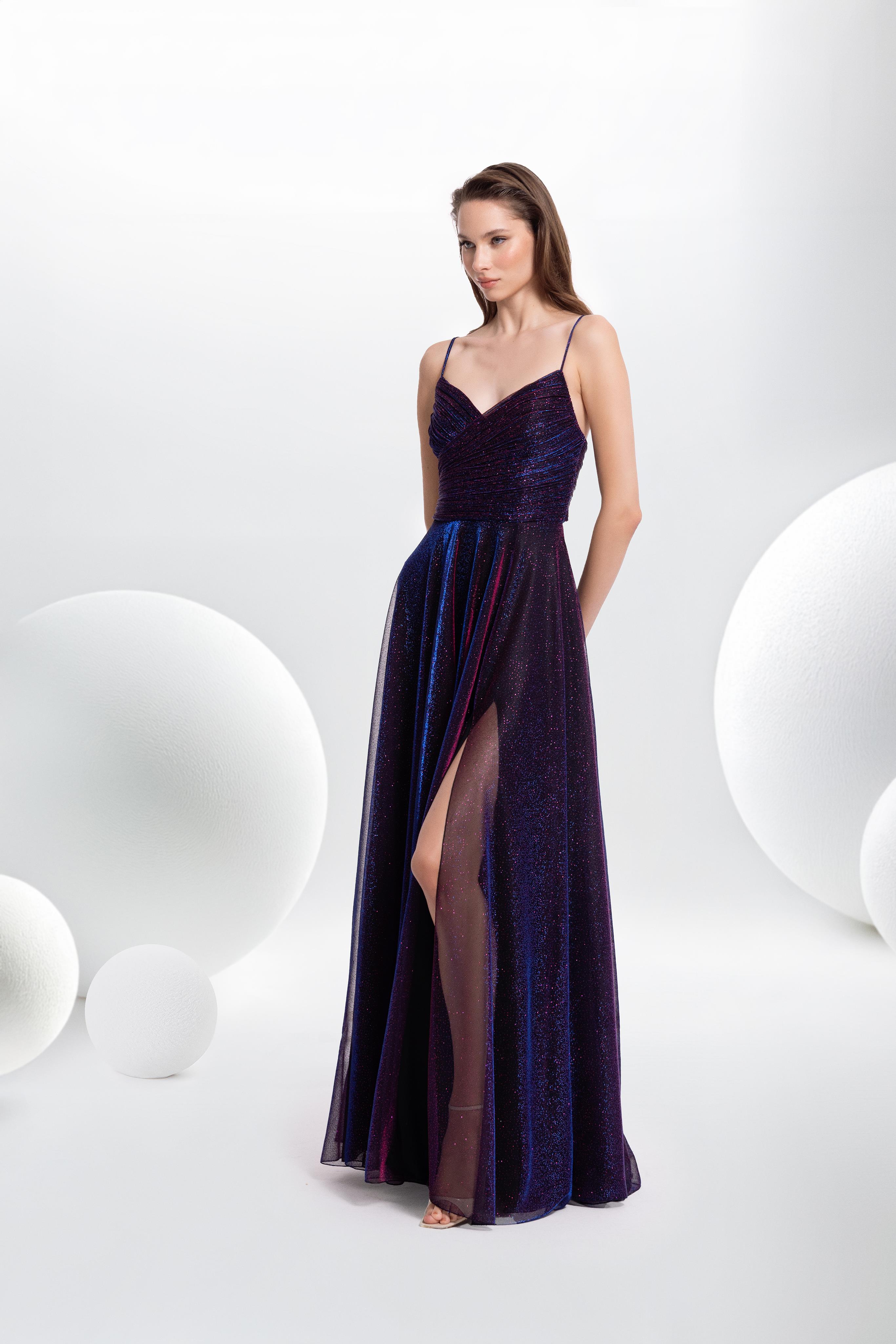 7083 İp Askılı Simli Jakarlı Bel Dekolteli Uzun Elbise