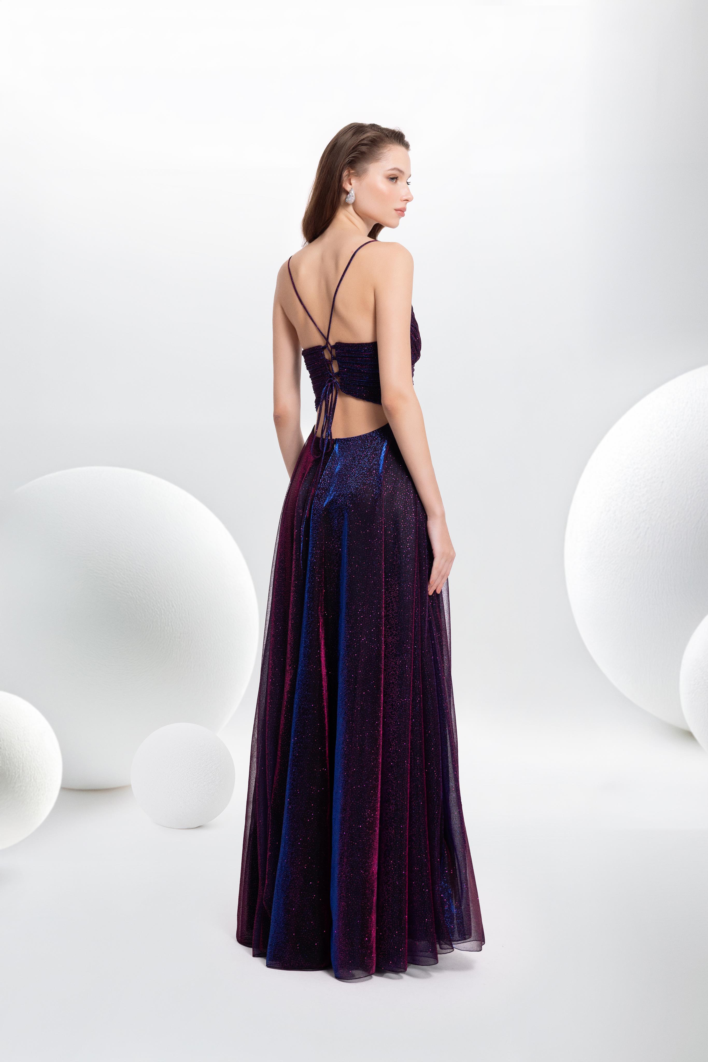 7083 İp Askılı Simli Jakarlı Bel Dekolteli Uzun Elbise