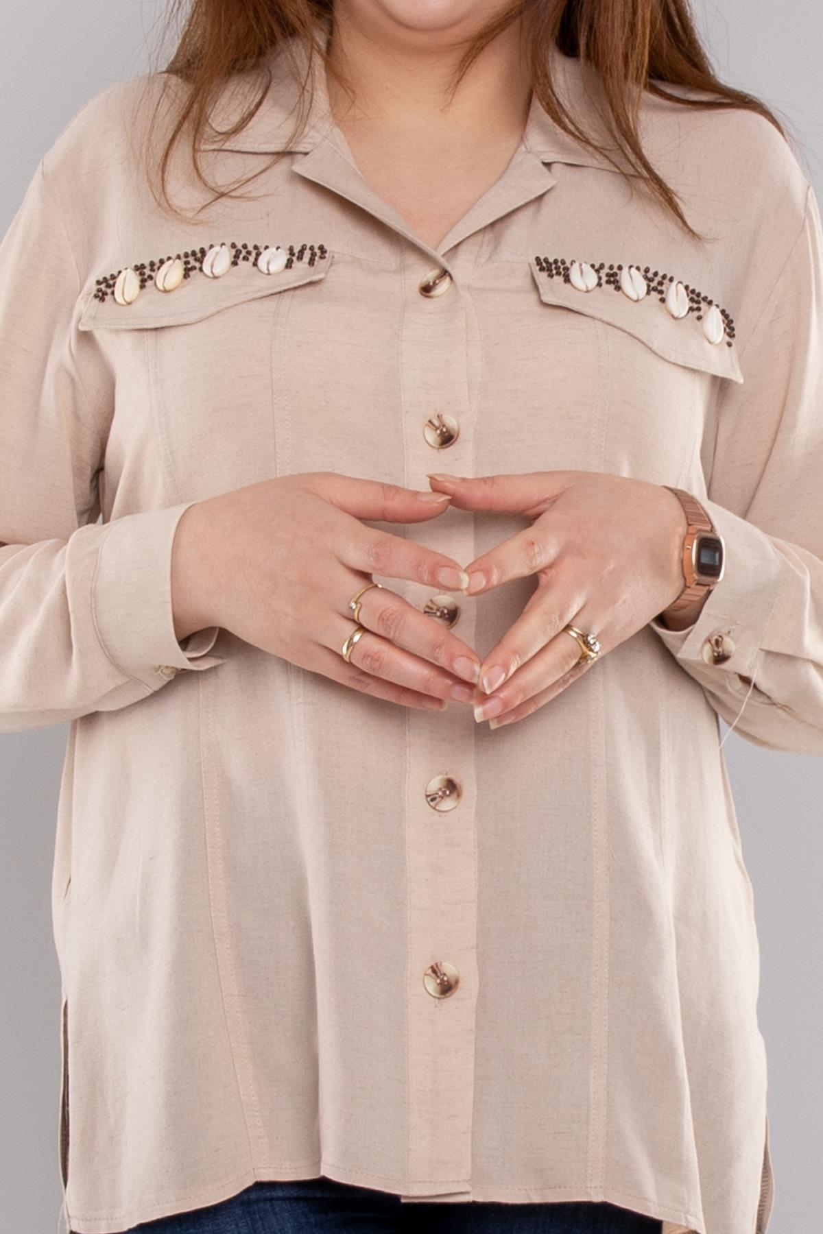 7085 Büyük Beden Cep Detay Düğmeli Linen Gömlek